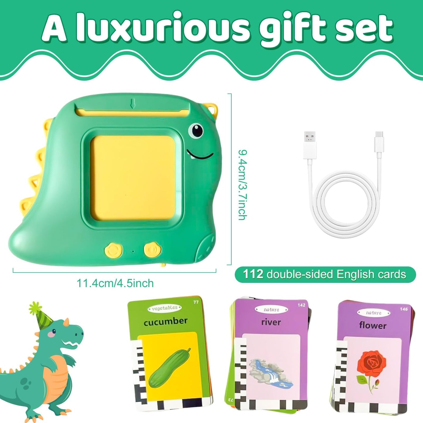Dinosaur Talking Flash Cards for Toddlers Ages 1-5, 224 English Words Learning Toy with Real Voice Pronunciation, Interactive Educational Speaking