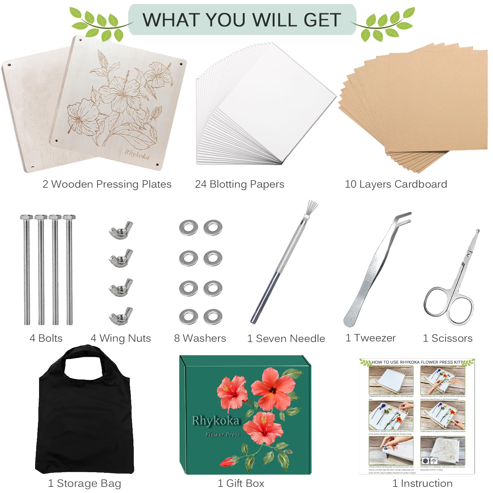 Rhykoka Large Flower Press,11x11 inch (28x28cm) 10 Layers Wooden Flower Pressing Kit for Adults with Storage Bag, Great Gift for DIY Flower Lovers