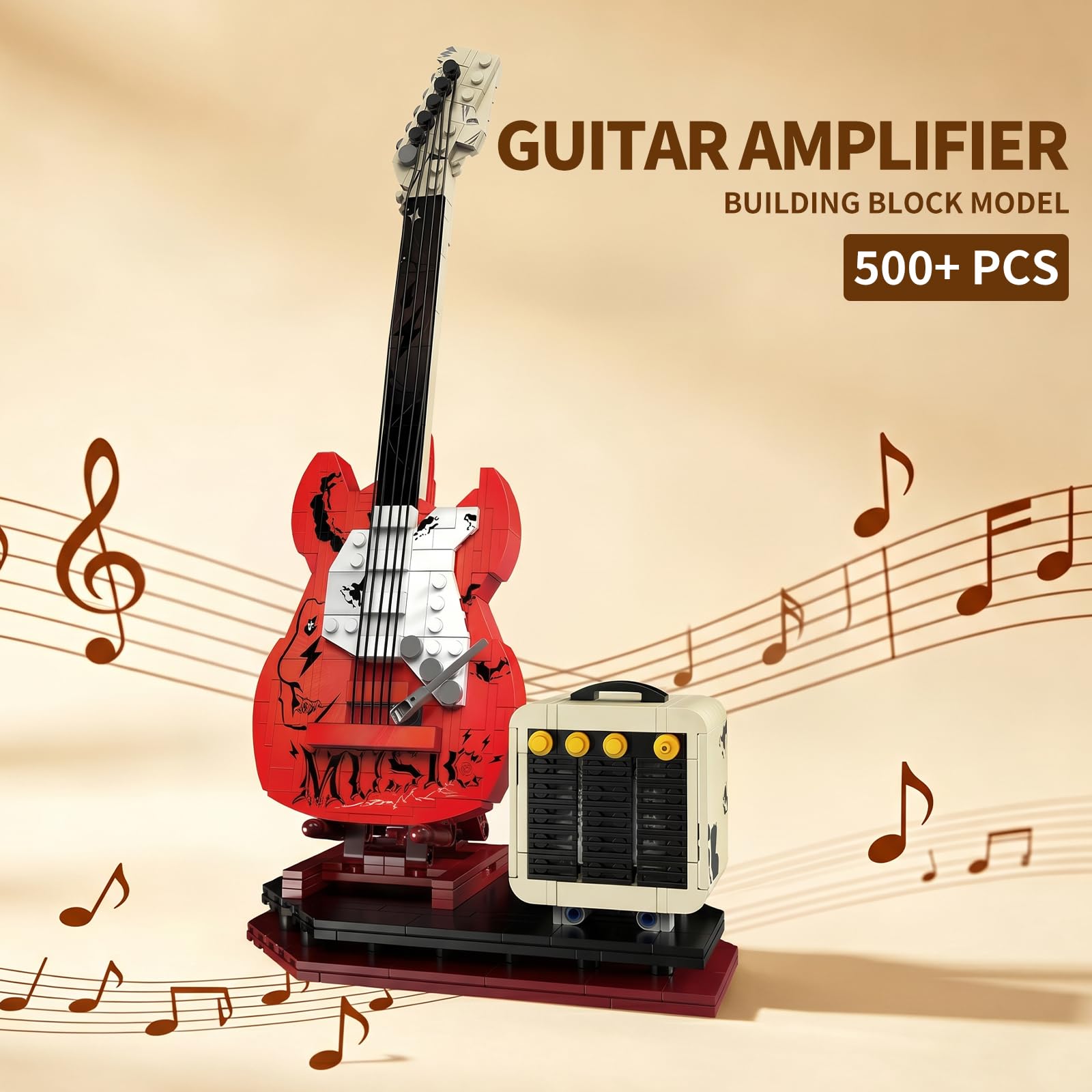 HJPLPXH Rock Guitar Interactive Building Block Set, Creative Construction Model Toy with Display Stand, DIY Collectible for Home Decor, for Adults