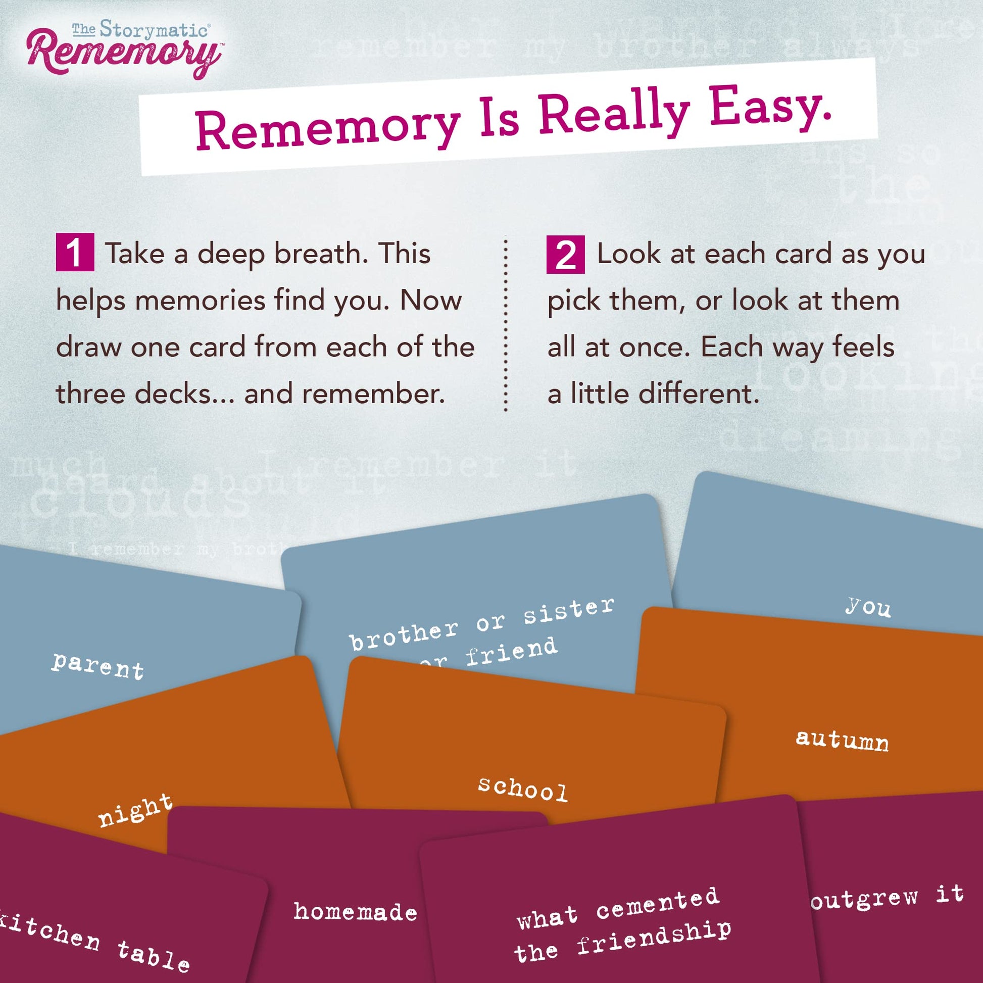 Storymatic Rememory - Writing Prompt and Memory Prompt - Conversation Cards for Family and Friends