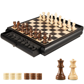 VAMSLOVE Wooden Chess Checkers Game Set 15.5" Large Size Board w/Storage Drawers, Weighted Chess Pieces - 2 Extra Queens 3" King, Gift for Birthday