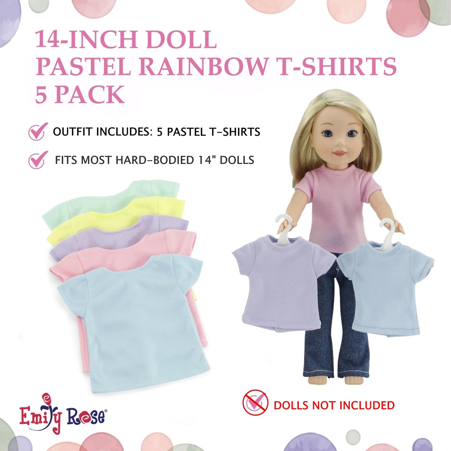 Emily Rose 14.5 Inch Doll Clothes - 5PC Pastel T-Shirts for Crafting & Sublimation | Gift Boxed | Wellie Wishers & Glitter Girls Compatible - USA