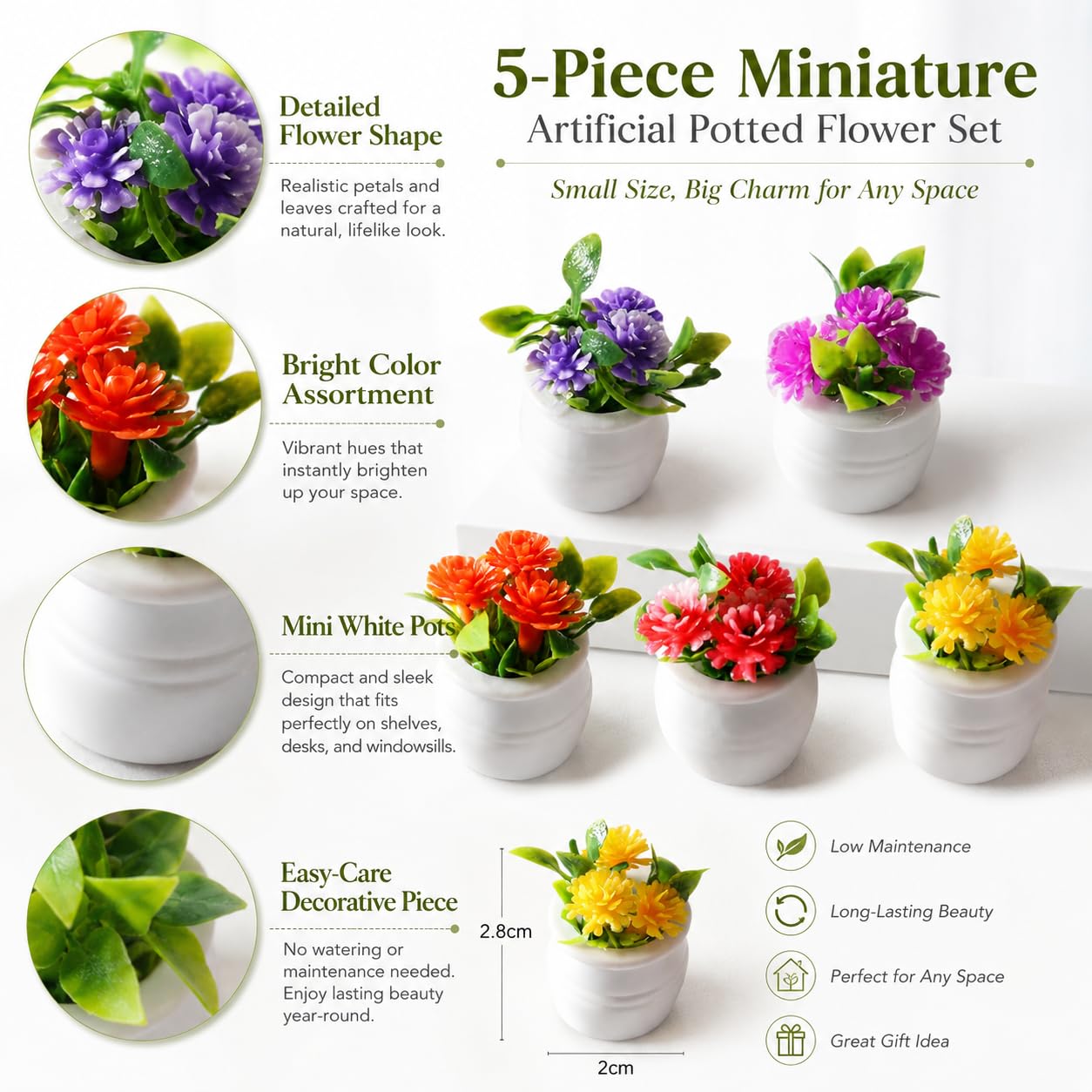 5Pcs Miniature Dollhouse Flowers, Artificial Potted Plants, Fairy Garden Decor for Home, Office, Wedding Centerpiece Decoration