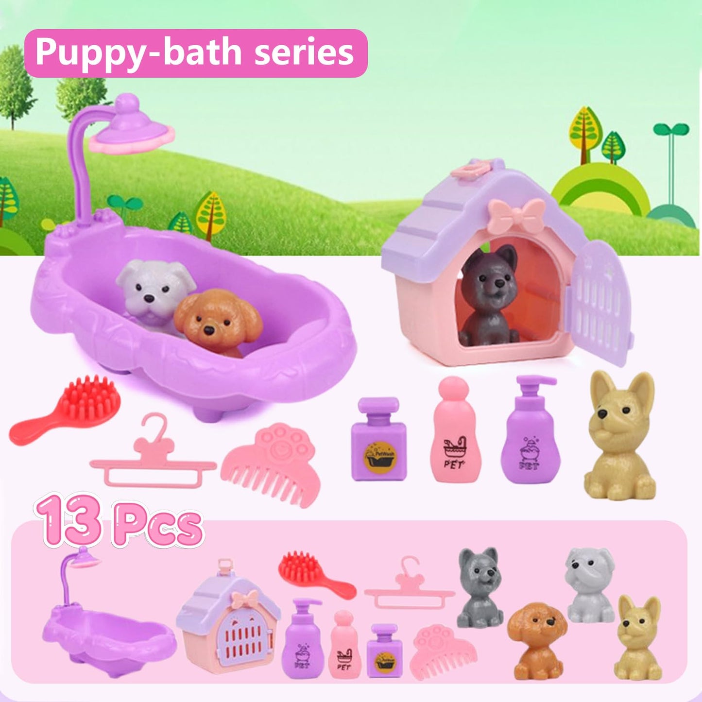 45Pcs Pet Pretend Play Toy Dollhouse Playset Accessories,Cat Puppy Dog Hamster Realistic Animals Tiny Mini Figures Furniture,Vet Care Center Preschool