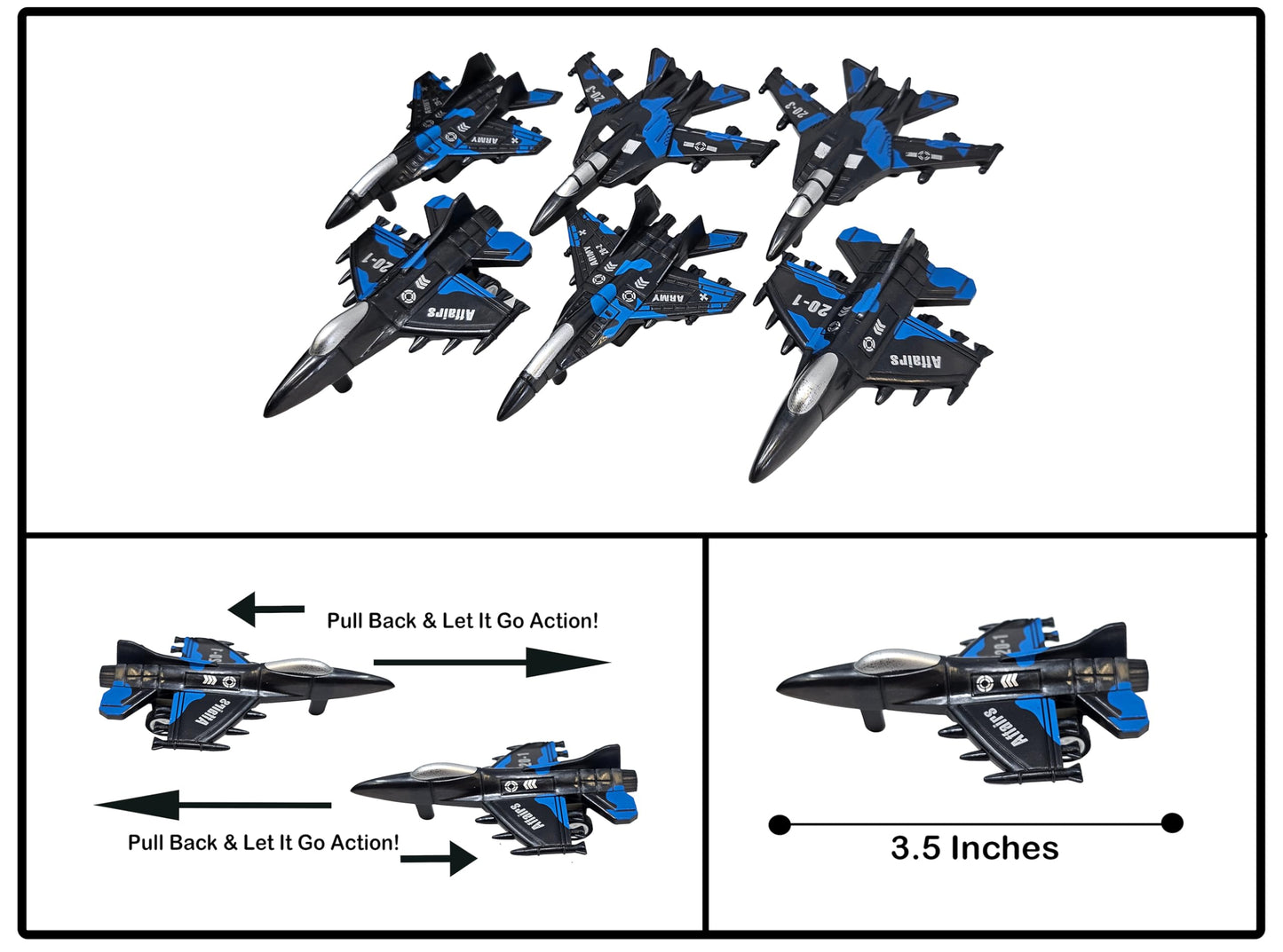 12 PIeces Camo Black Military Fighter Jet Toy Set, 3.5 Inches, Pull-Back-and-Release Action