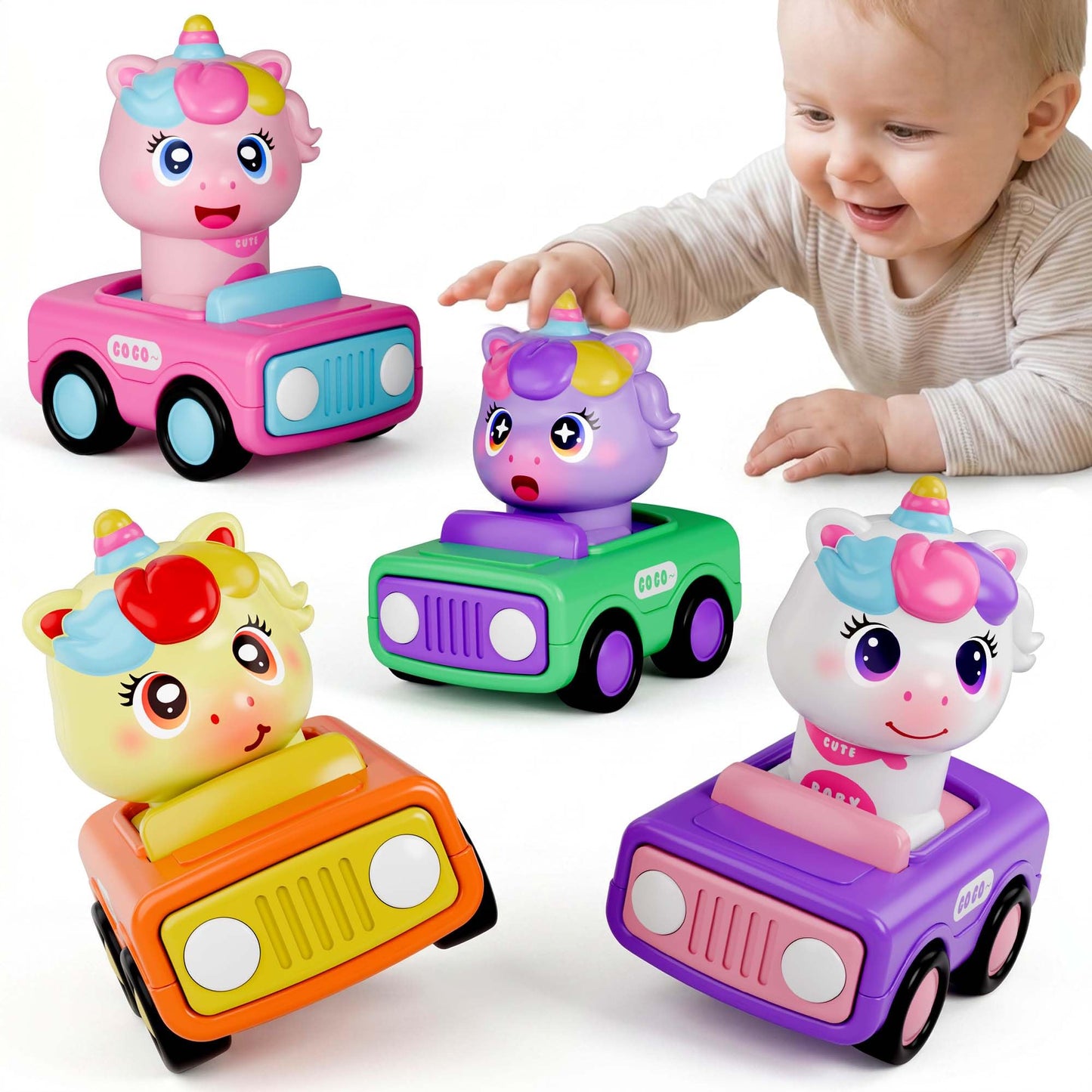 iPlay, iLearn Press to Go Unicorn Car Toys for Toddler 1-3, Baby Animal Racing Cars, Infant Girl Push Go Friction Toy, Kids Play Vehicle for 12 18 24