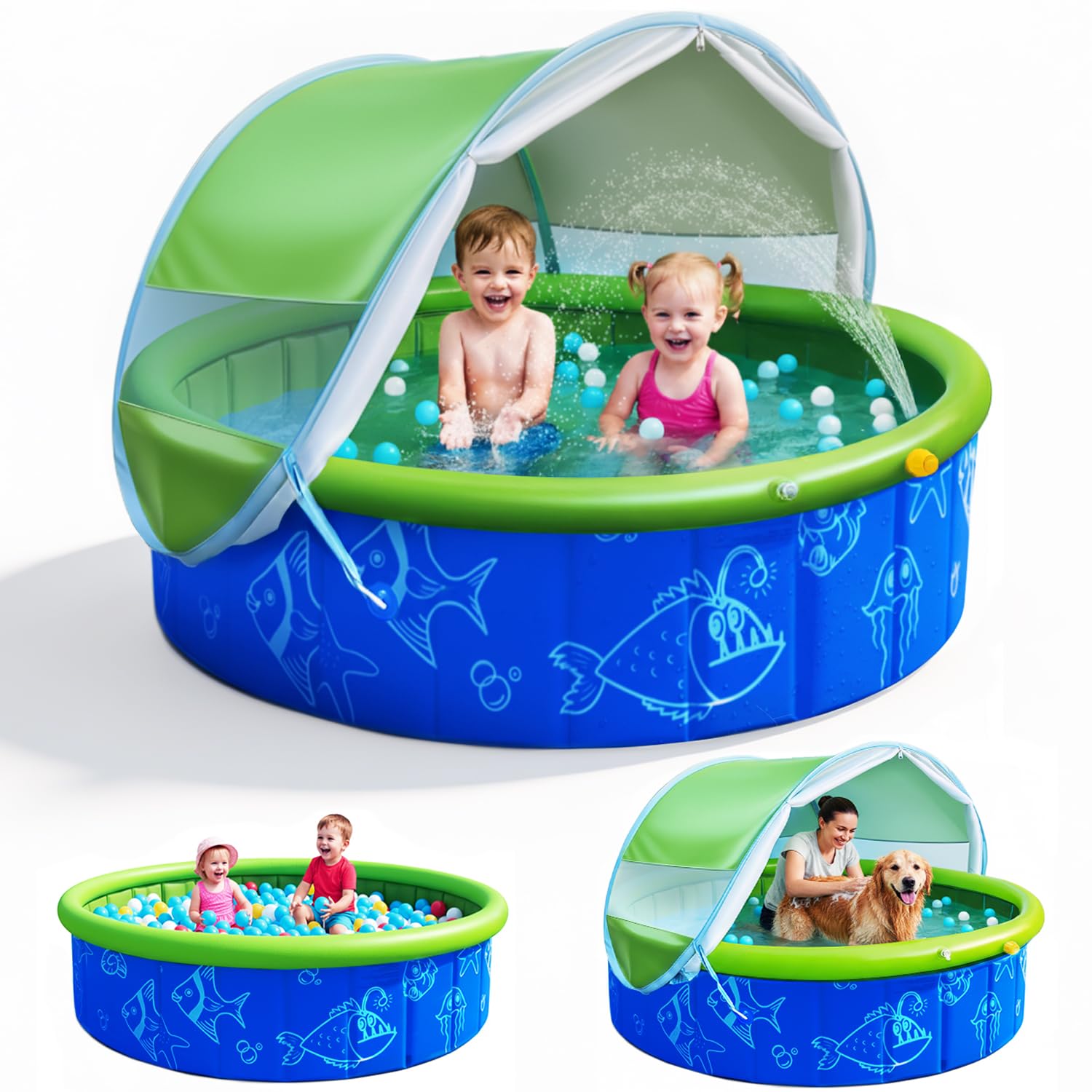 Olutula 2026 Updated Foldable Kiddie Pool with Canopy and 20 Ocean Balls: 47in for Baby Toddler Kids- Summer Water Play Pool with Sprinkler and Shade