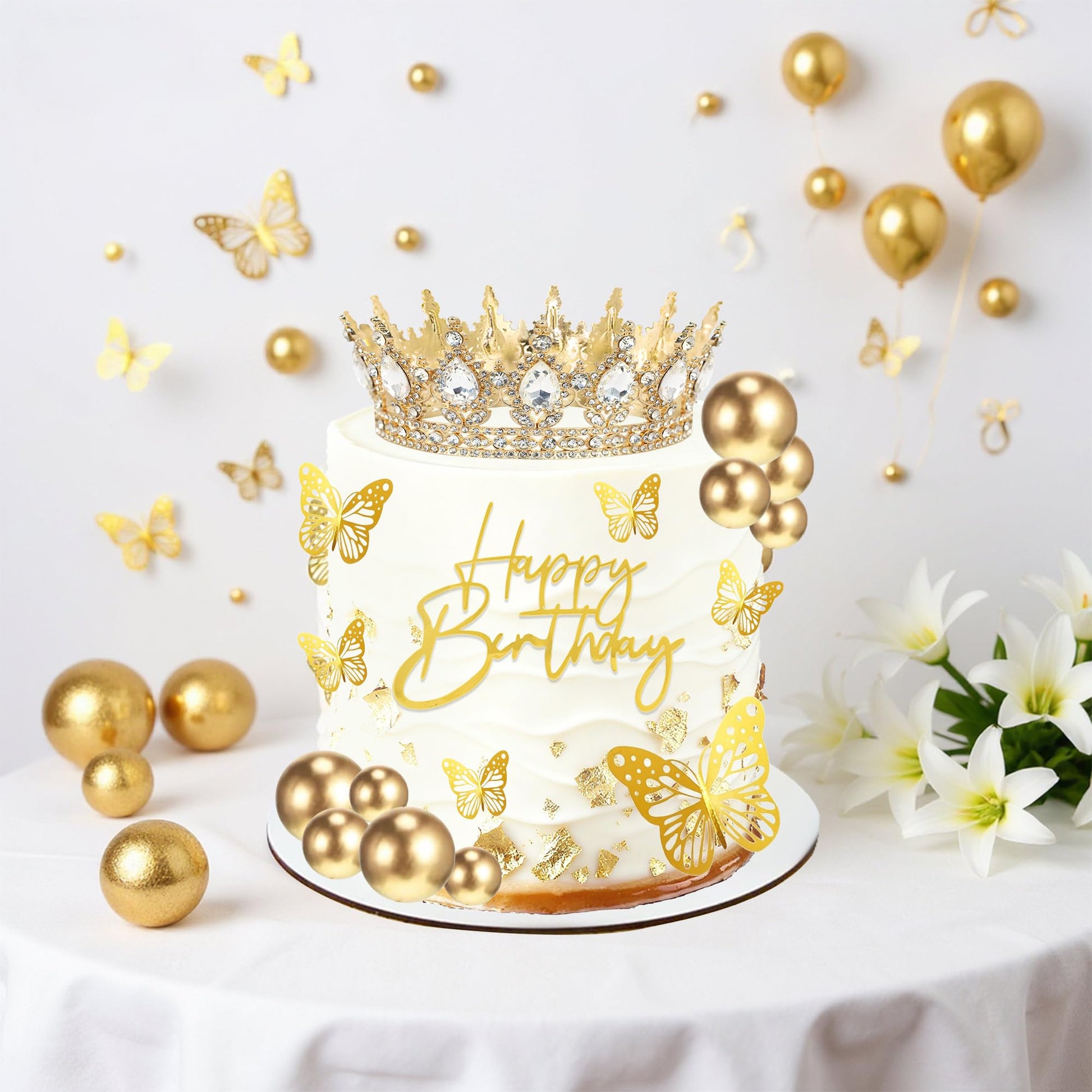 SUTROMA Crown Cake Topper, Corona Para Pastel,Happy Birthday Cake Toppers Candles Balls Butterflies, Cake Decorations for Princess Women Queen Party