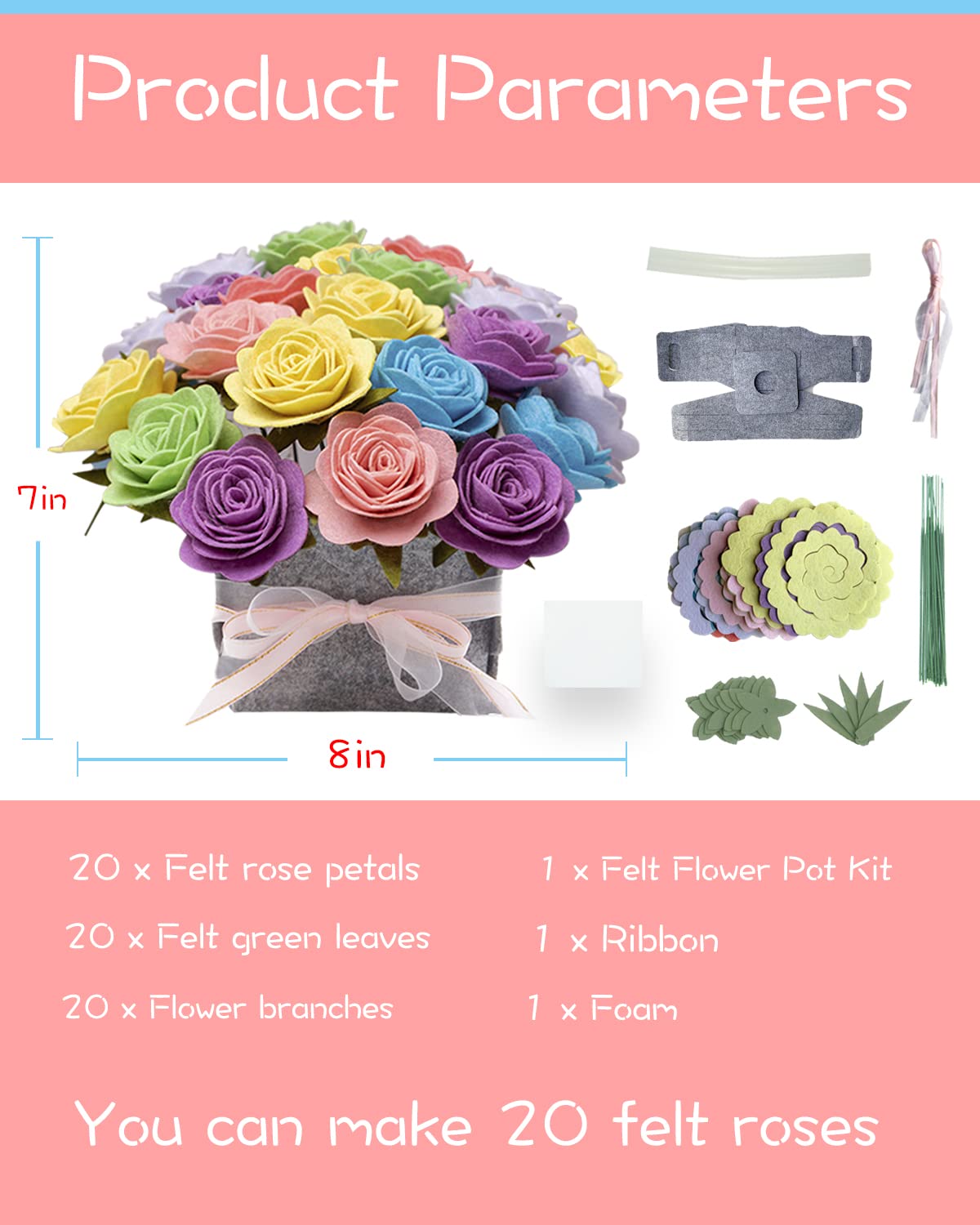 BAZIMA ALICE DIY Felt Flower Art Craft Kit - Colorful Roses Pot Bonsai Kit, 20 Pre-Cut Felt Roses, Beginner Floral Gifts