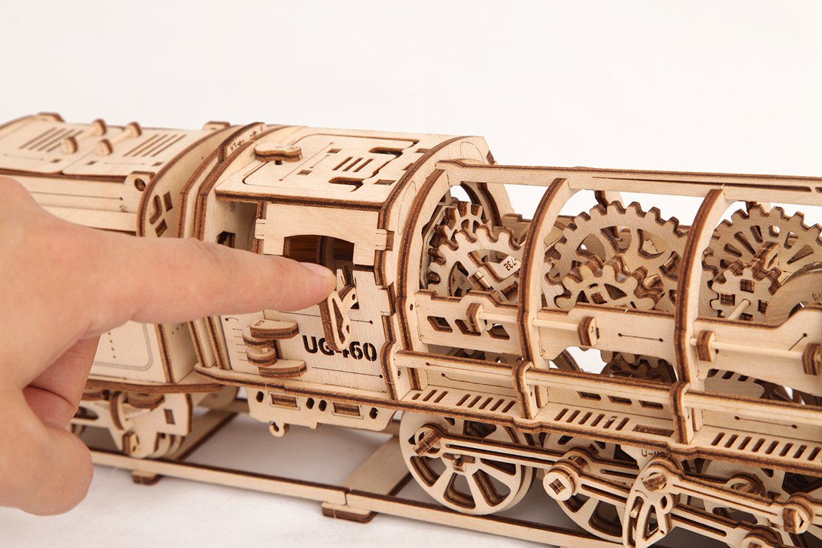 UGEARS Locomotive with Tender Mechanical 3D Puzzle, Wooden Construction Set, Business Gift, Christmas and Thanksgiving Present, Adult Craft Set