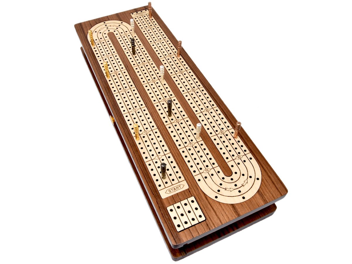 House of Cribbage - Continuous Cribbage Board Inlaid in Teak Wood/Maple Wood - 4 Track - Separate Storage Space for Two Deck of Cards & Pegs