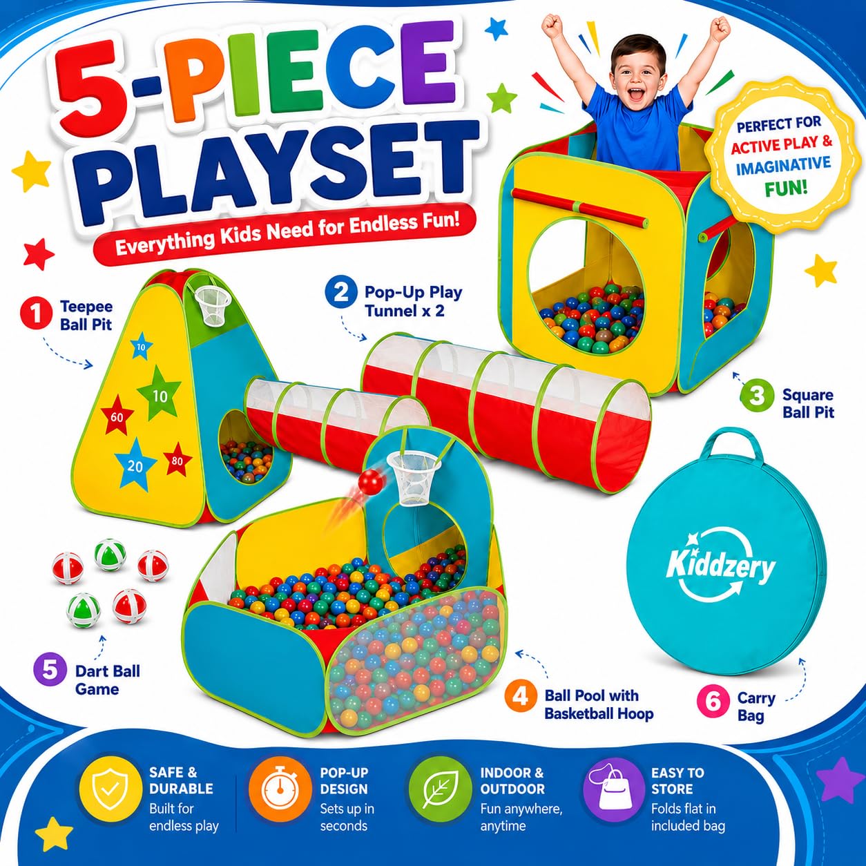 Kids Play Tent for Toddlers, 5pc Toddler Jungle Gym Playset with Ball Pit, Crawl Tunnel and Obstacle Course, Indoor Outdoor Playhouse Toy for Boys