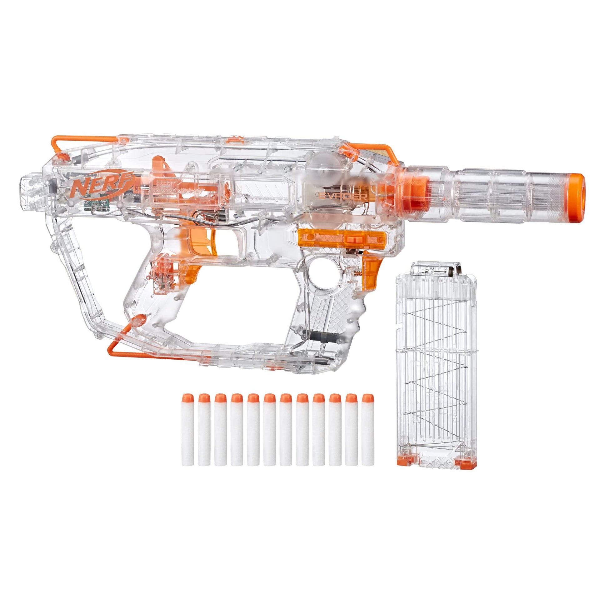 Nerf Modulus Ghost Ops Evader Motorized Blaster - Light-Up See-Through Blaster and Barrel Extension, Includes 12 Official Elite Darts (Amazon