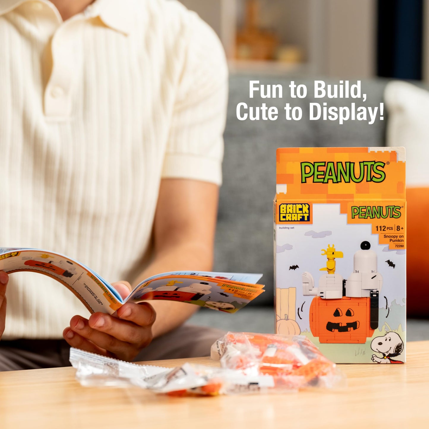 Brickcraft Peanuts Snoopy on Pumpkin Brick Building Set, 112 Pieces | DIY Halloween & Fall Block Kit Thanksgiving Jack-O’-Lantern Display, Collectible