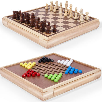 VAMSLOVE 13" Chess Chinese Checkers 2 in 1 Wooden Board Game Set with Pieces Storage Drawer - 2 Extra Queens, Bonus Marbles, for Birthday Gift