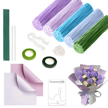 400 Pcs Purple Pipe Cleaner Flower Kit, 6 Colors Chenille Pipe Cleaners Bulk, Pipecleaners for DIY Flower Making Kit, Gift-Giving, Home Decor, or