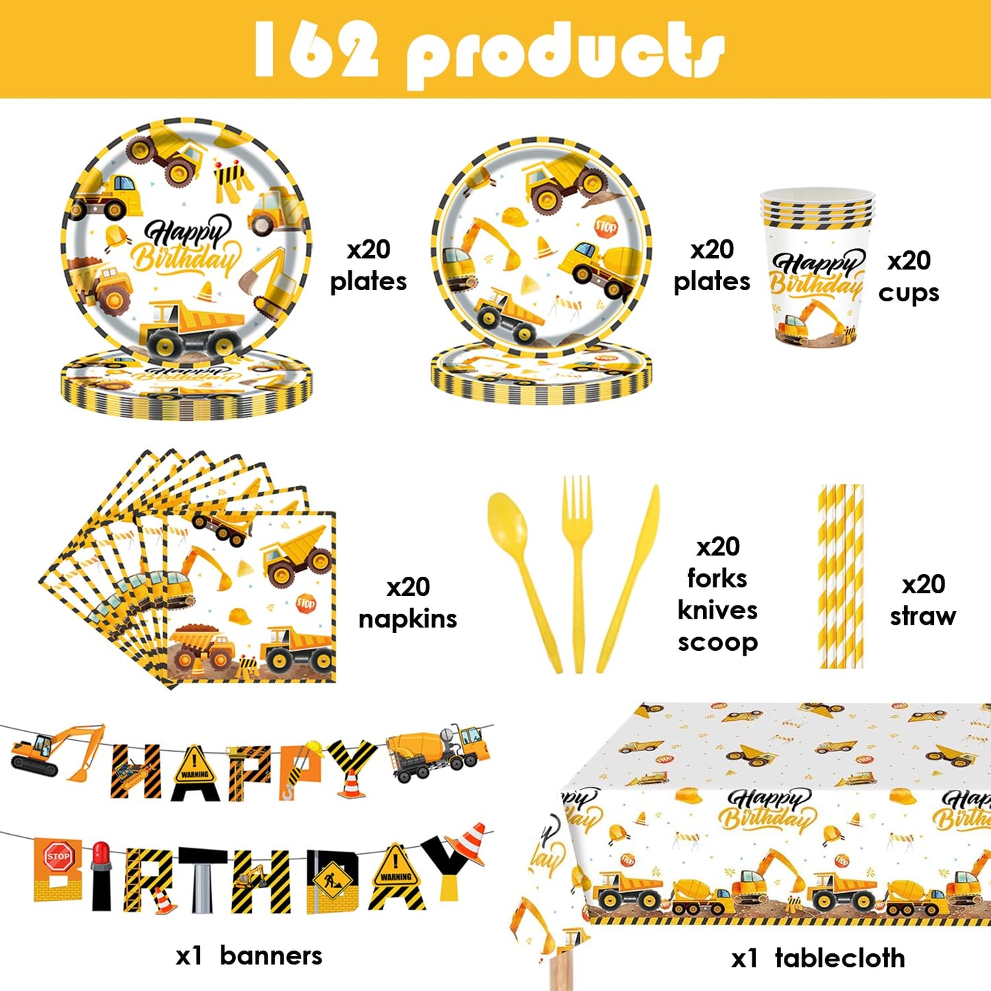 194Pcs Construction Plates Birthday Party Supplies Decorations Serve 24 | Includes Napkins Cups Tablecloth and Banner | Boys Construction Themed