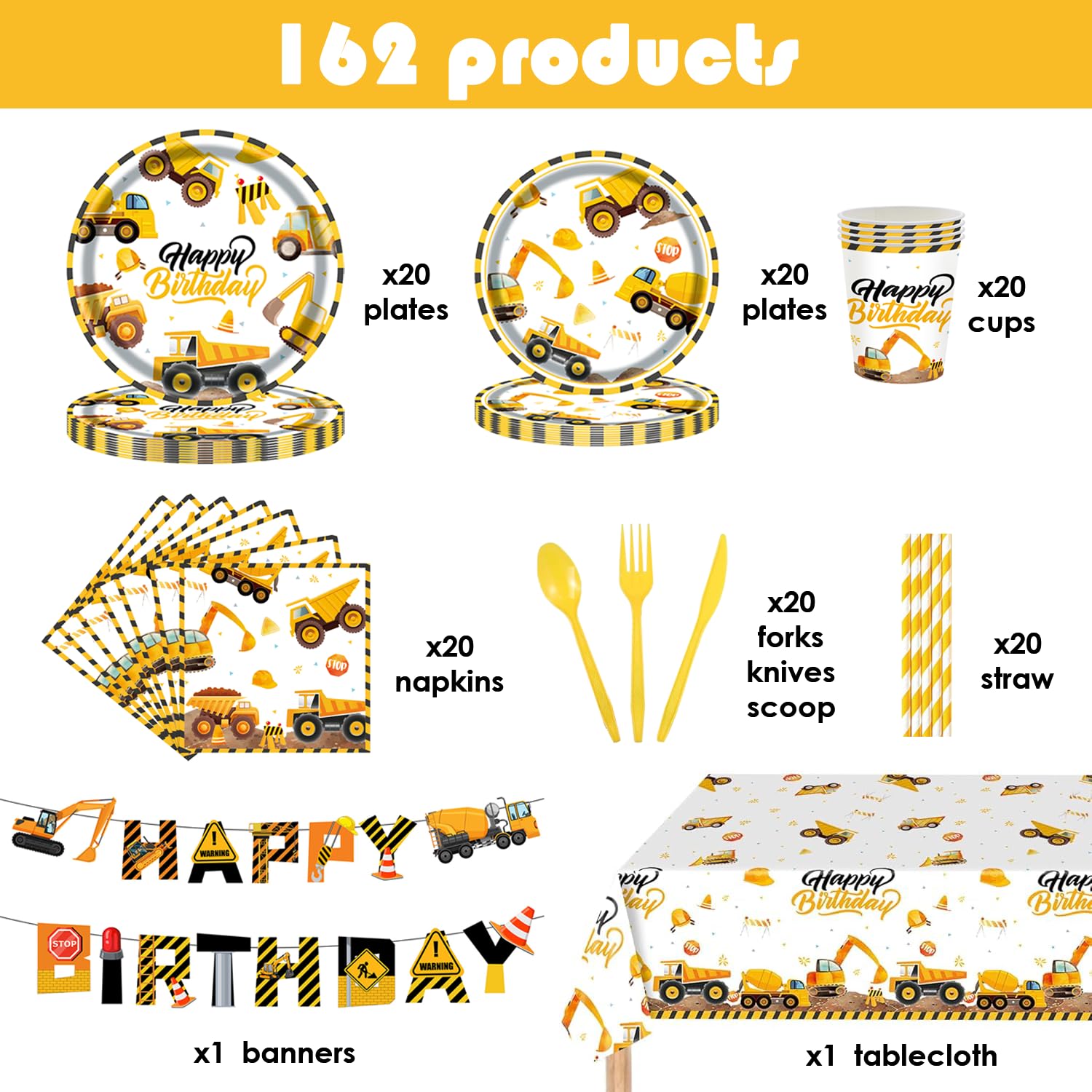 194Pcs Construction Plates Birthday Party Supplies Decorations Serve 24 | Includes Napkins Cups Tablecloth and Banner | Boys Construction Themed