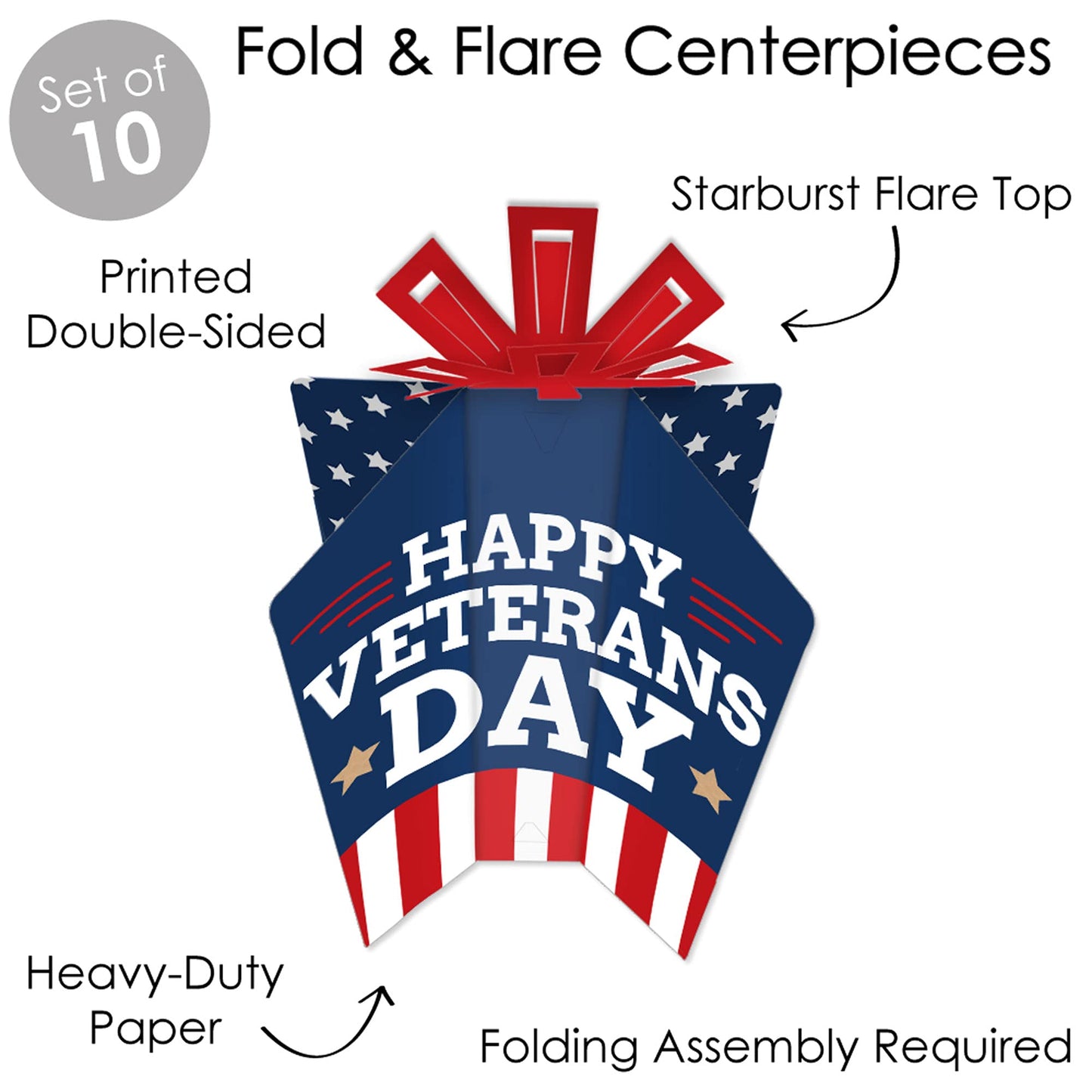 Big Dot of Happiness Happy Veterans Day - Table Decorations - Patriotic Fold and Flare Centerpieces - 10 Count