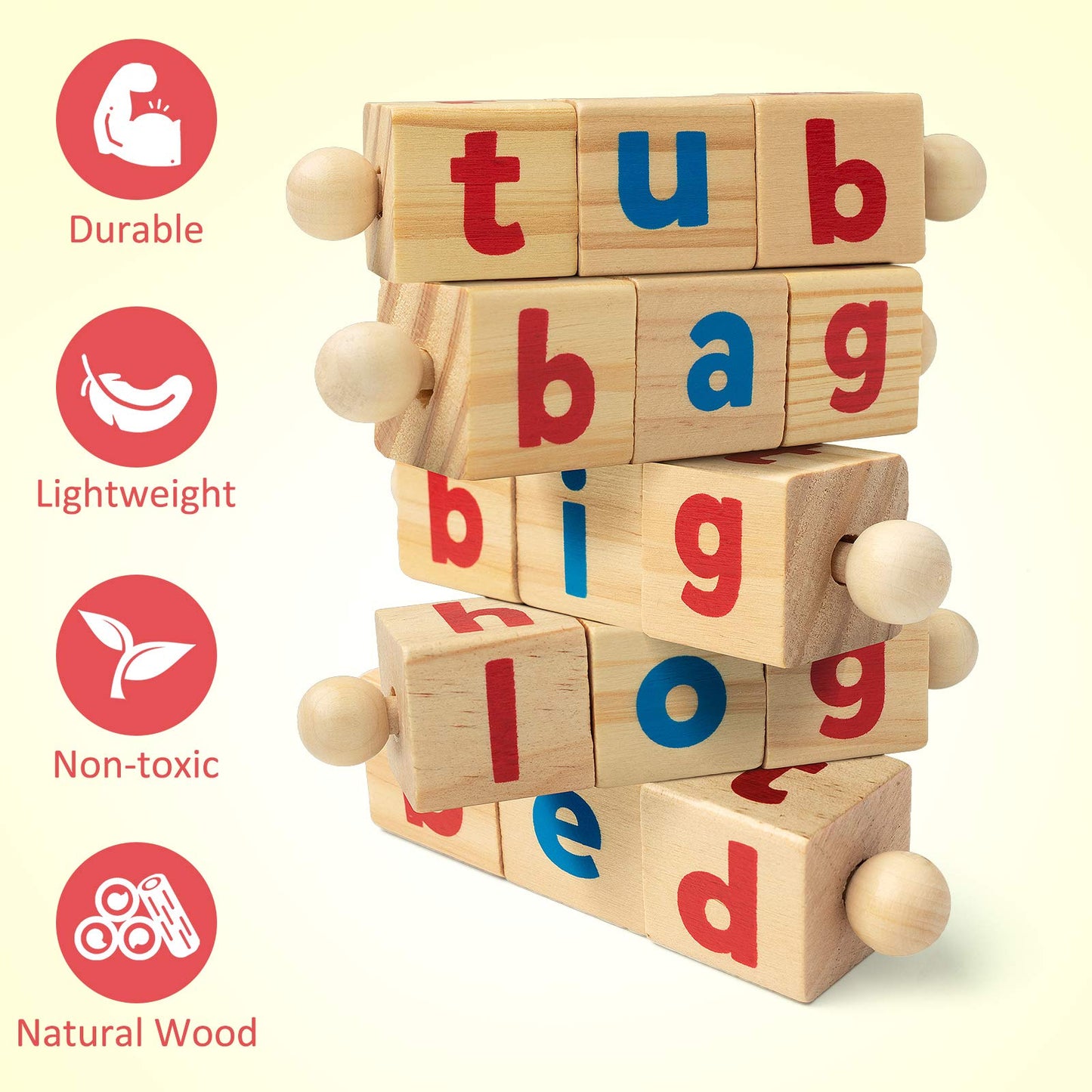 Coogam Wooden Reading Blocks Short Vowel Rods Spelling Games, Flash Cards Turning Rotating Letter Puzzle for Kids, Site Words Montessori Spinning