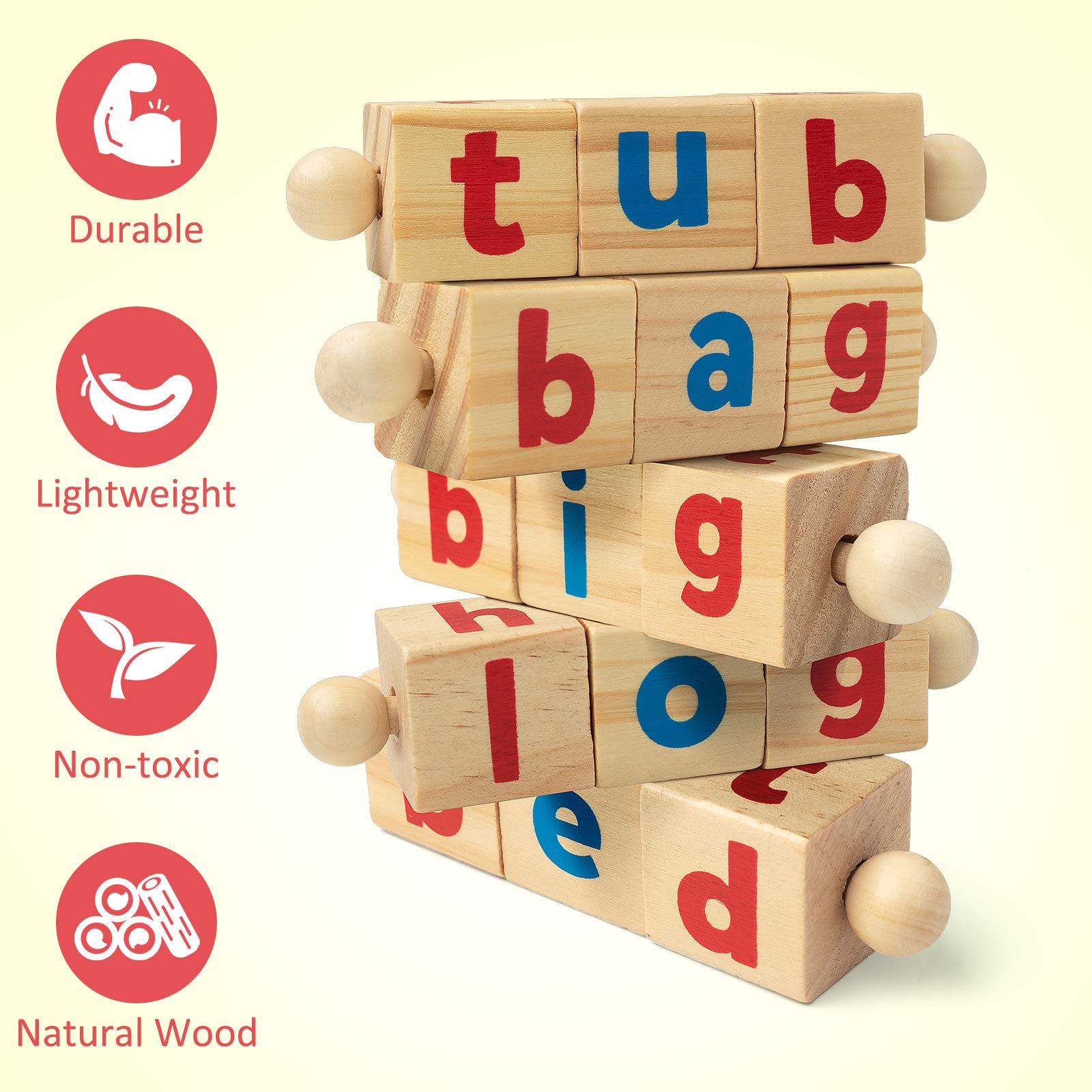 Coogam Wooden Reading Blocks Short Vowel Rods Spelling Games, Flash Cards Turning Rotating Letter Puzzle for Kids, Site Words Montessori Spinning