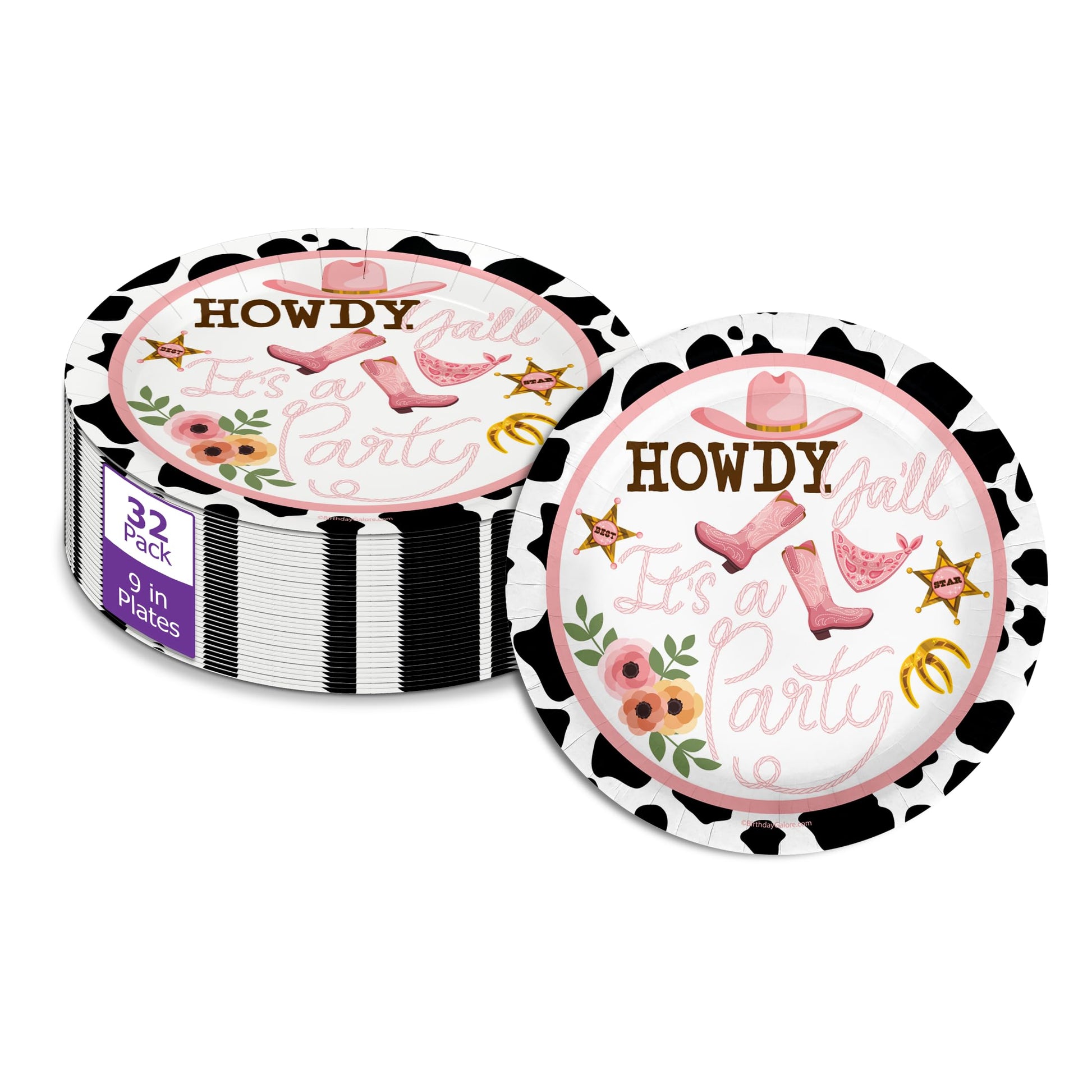 Birthday Galore Howdy Y’all Cowgirl Plates - 32 Pieces, 9" Round Disposable Tableware with Western Design Theme - Fun and Bright Colorful Tableware