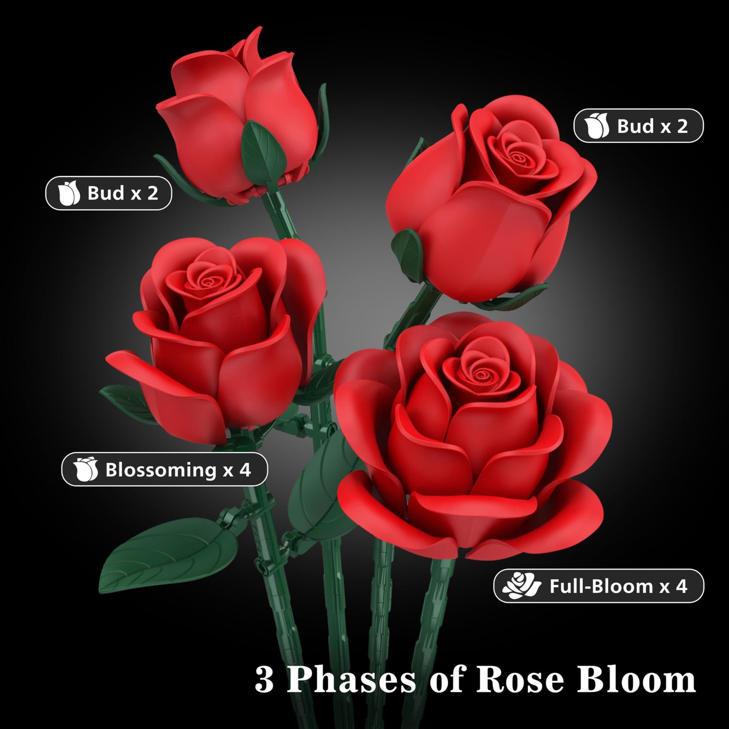 Red Roses Flower Bouquet Building Sets, 670Pcs Artificial Flowers Building Blocks Compatible with Lego Flowers Valentines Day Gifts