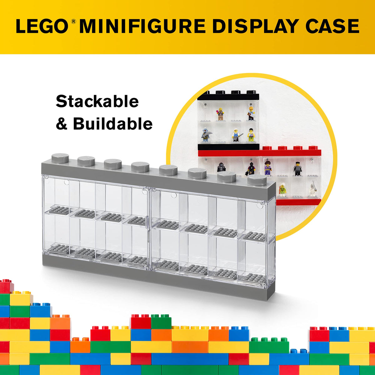 Room Copenhagen, Lego Minifigure Display Case - Stackable Storage Container for Desktop or Wall Mounting - 15.04 x 7.24in - 8 Stud, Medium Stone Grey
