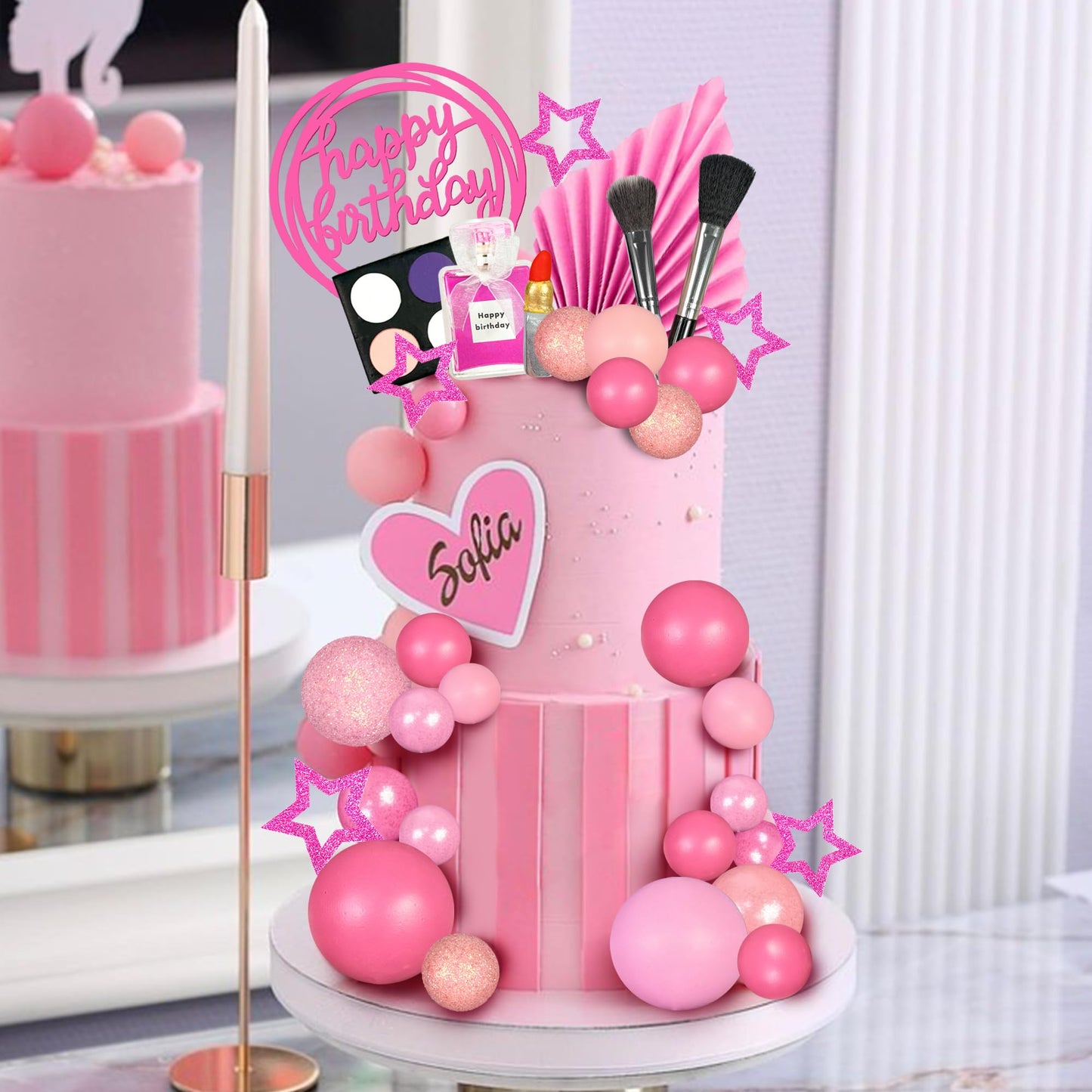 32 PCS Makeup Cake Topper Happy Birthday Cake Topper with Lipstick Eye Shadow Makeup Brush for Birthday (Hot pink)