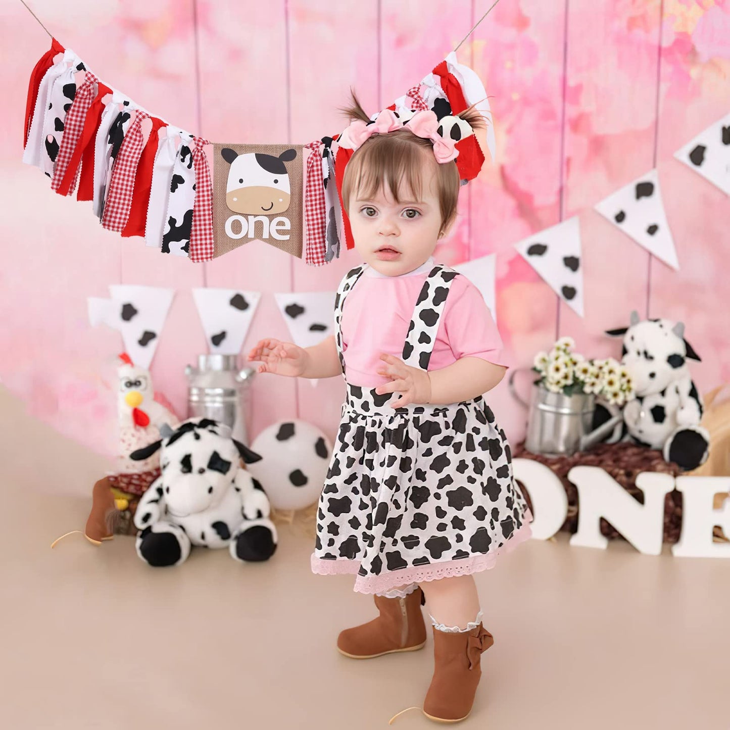 Farm Cow for First Birthday Highchair Banner - Boy or Girl High Chair One First 1st Barnyard Smash Cake Cow Western Fabric Picnic Decorations Cow