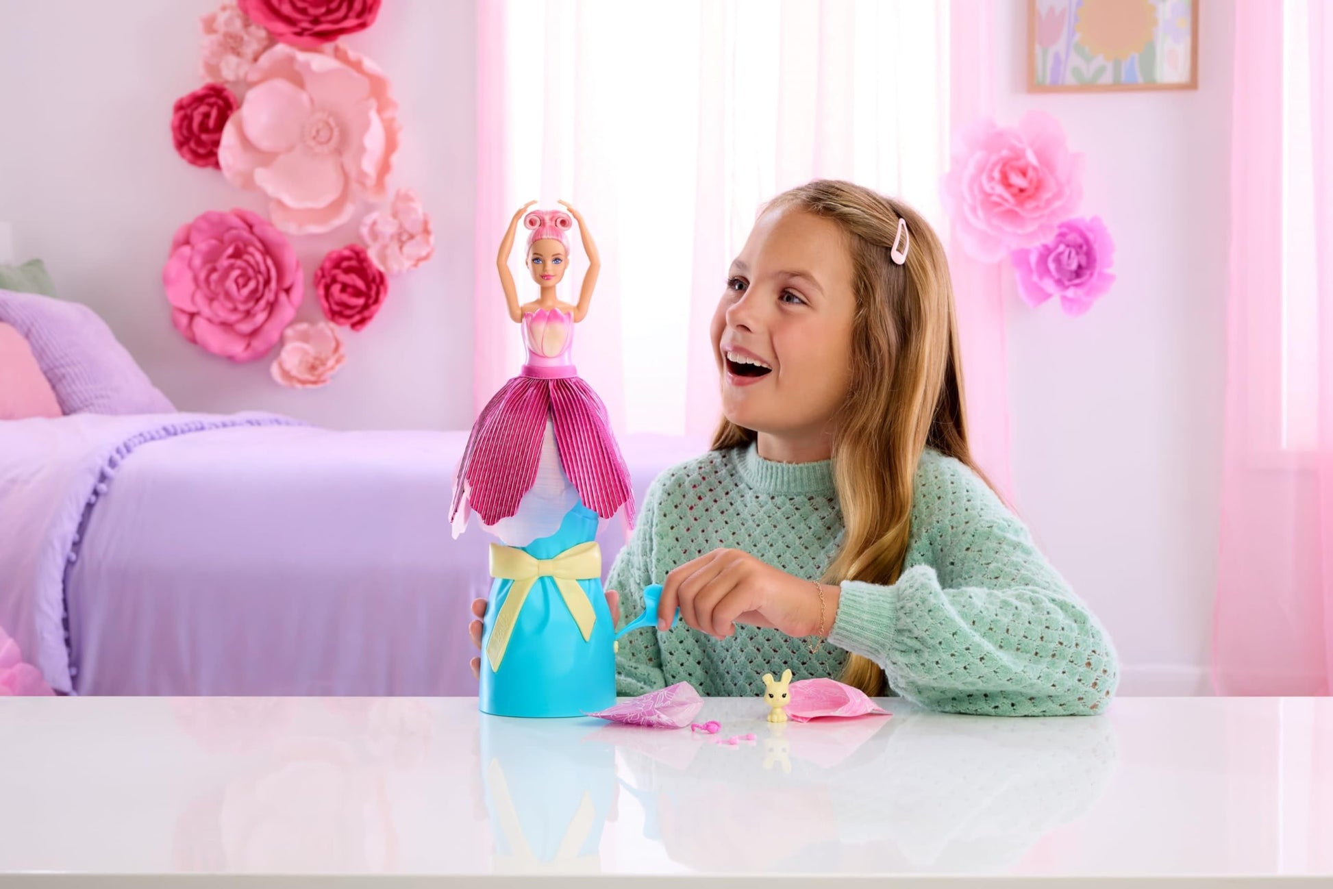 Barbie Petal Pop Scented Doll with Pink Tulip Dress & Accessories, Bouquet Reveal with Pet Bunny & Surprises Like Watering Can, Necklace & Earrings