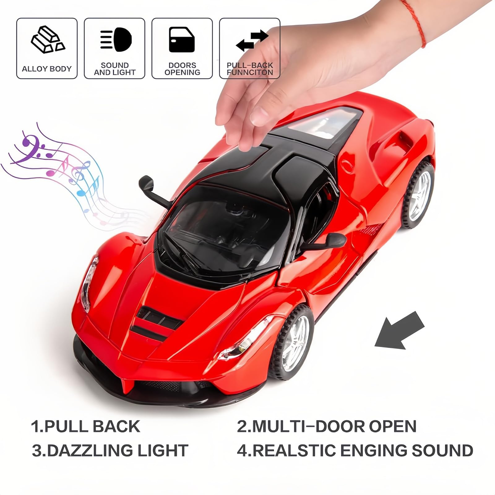 WAKAKAC 1/32 Race Model Car, Pull Back Toy Car Vehicle Alloy Diecast Model, Openable Doors, Collectible Gift Cars for Kids Ages 3-8 (Red)