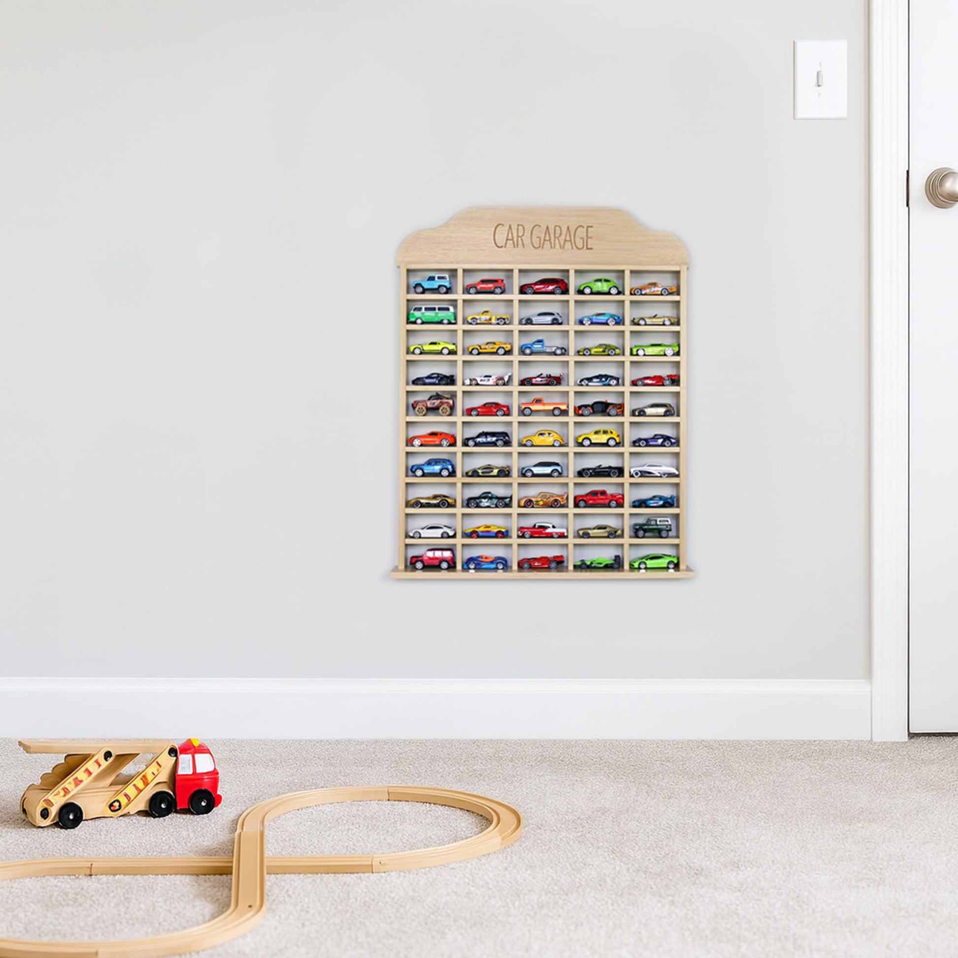 NorthStar Collection Car Garage Toy Shelf Display - Wall Mount for 1/64 Diecast Toy Cars - Wooden Wheels Shelf - Gift for Collectibles - Wall-Mounted