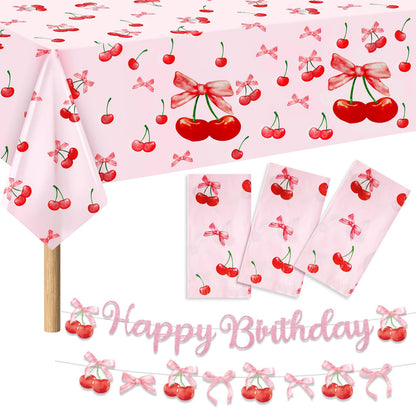 3Pcs Cherry Birthday Decorations Tablecloths 54 x 108 Inch Waterproof Cherry Heart Table Cover Disposable Fruit Theme Party Supplies Table