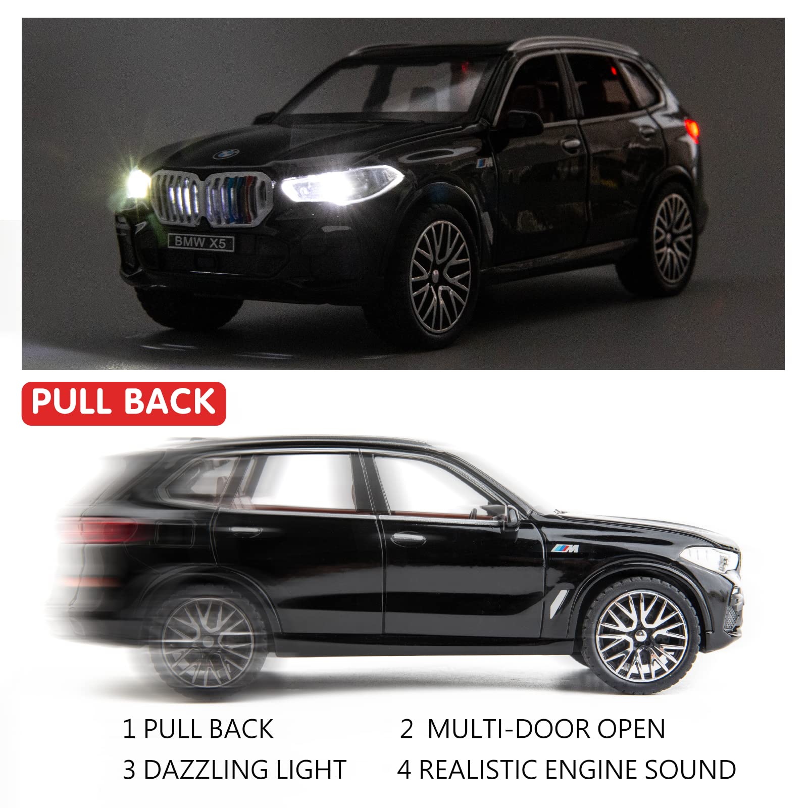 BDTCTK 1:32 Comapatible for X5 SUV Model Car Toy, Zinc Alloy Pull Back Toy car with Sound and Light for Kids Boy Girl Gift(Black)