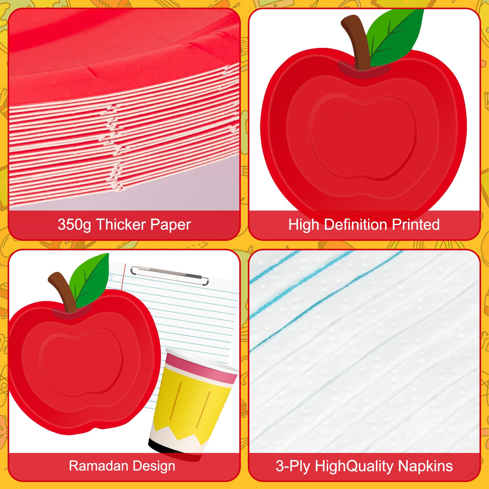 96 Pcs Back to School Plates and Napkins Set - Apple Disposable Tableware Kit, including Paper Plates, Napkins, Cups and Forks for All Grades First