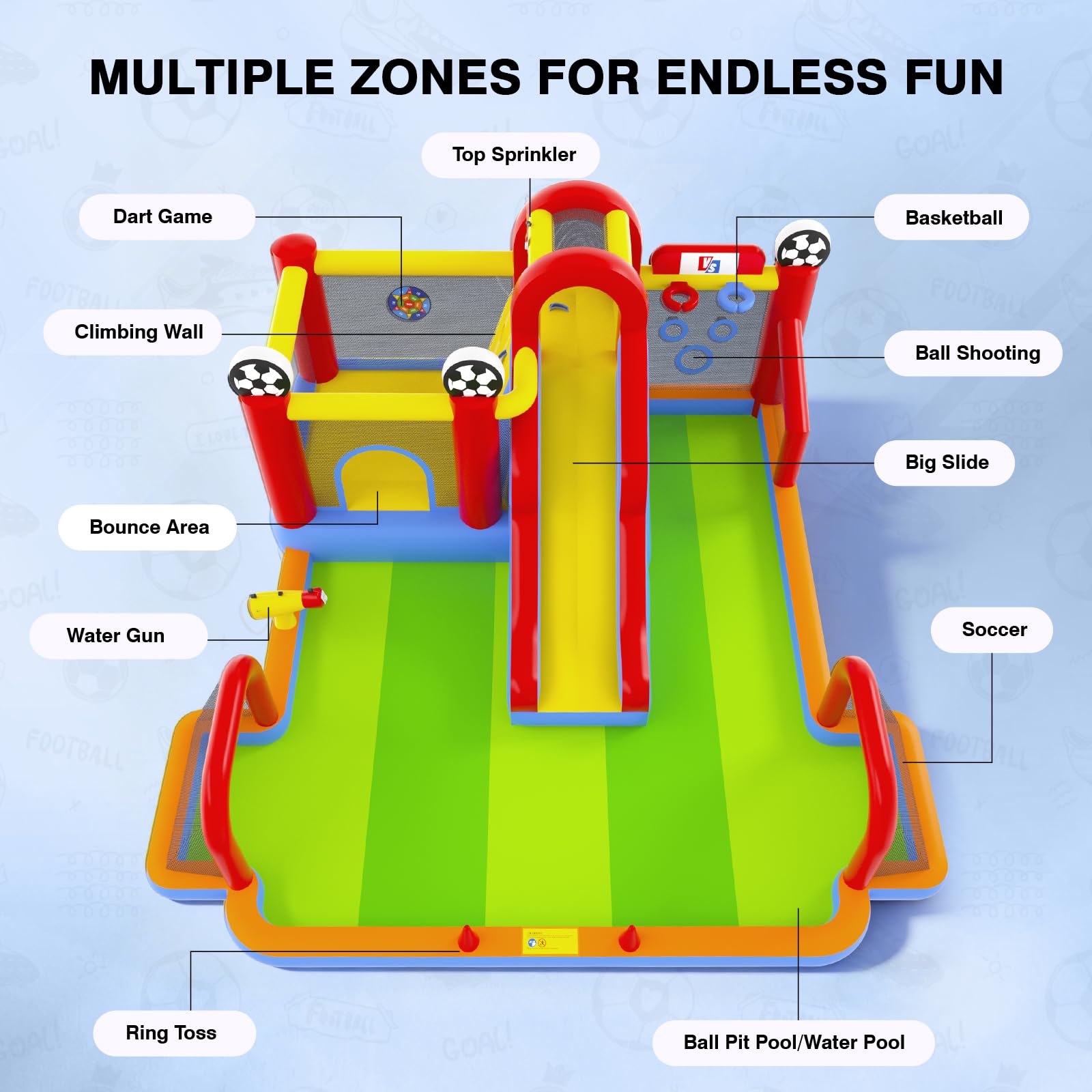 15.91x15.82FT Inflatable Bounce House with Water Slide for Kids 3-12, 11 in 1 Soccer Bounce House with Air Blower, Bouncy House with Slide, Climbing