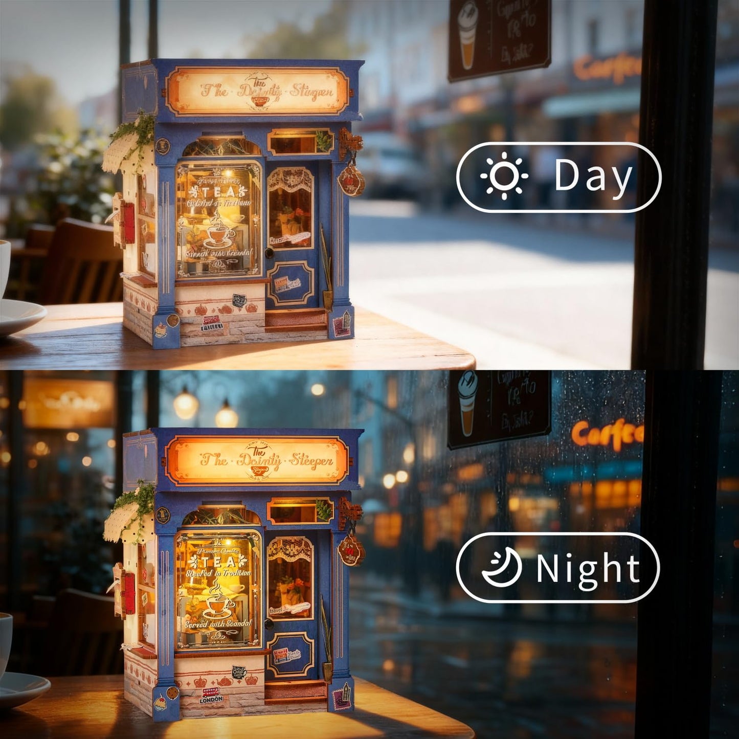 Book Nook Kit - DIY Miniature British Tea House, 3D Wooden Puzzle Dollhouse with LED Lights, Tiny Bookend & Creative Bookshelf Decor, Birthday