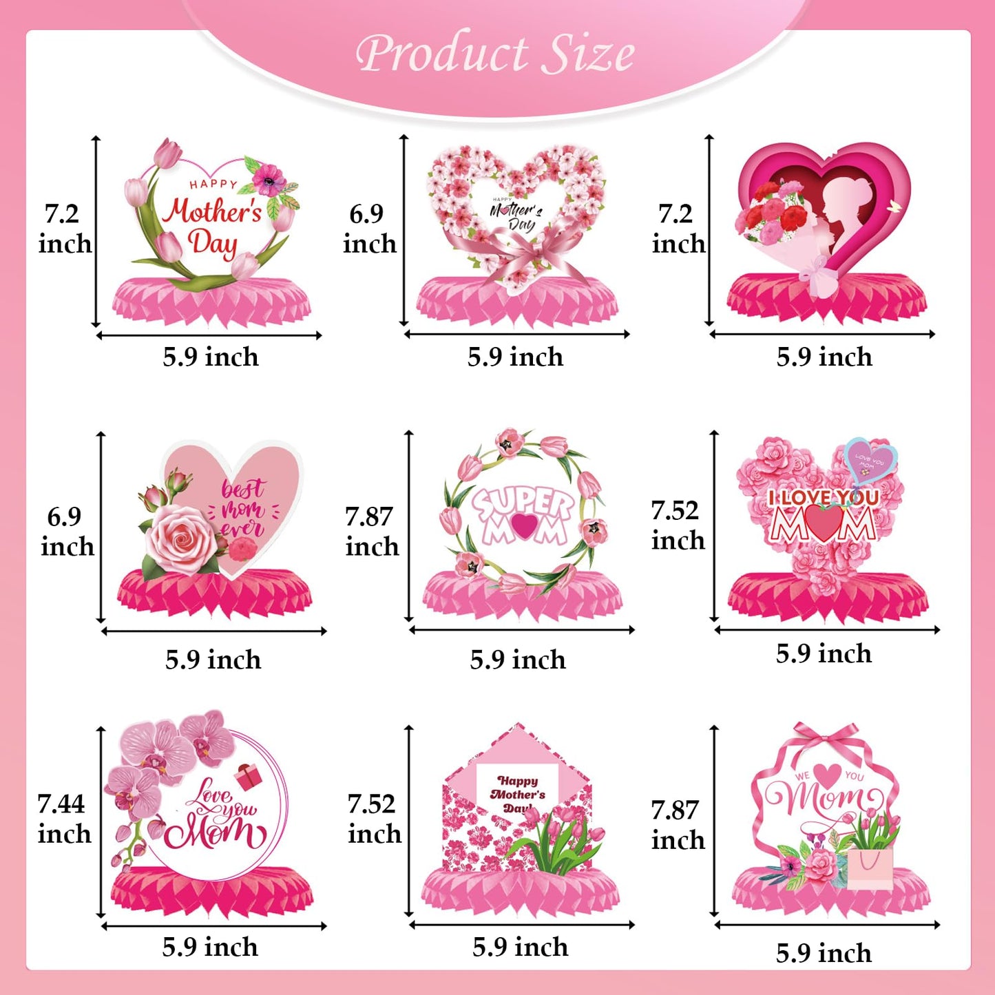9 Pcs Floral Mother Birthday Table Centerpieces Pink, Floral Mother Party Table Decorations for Party, Best Mom Ever Honeycomb Party Supplies Kit