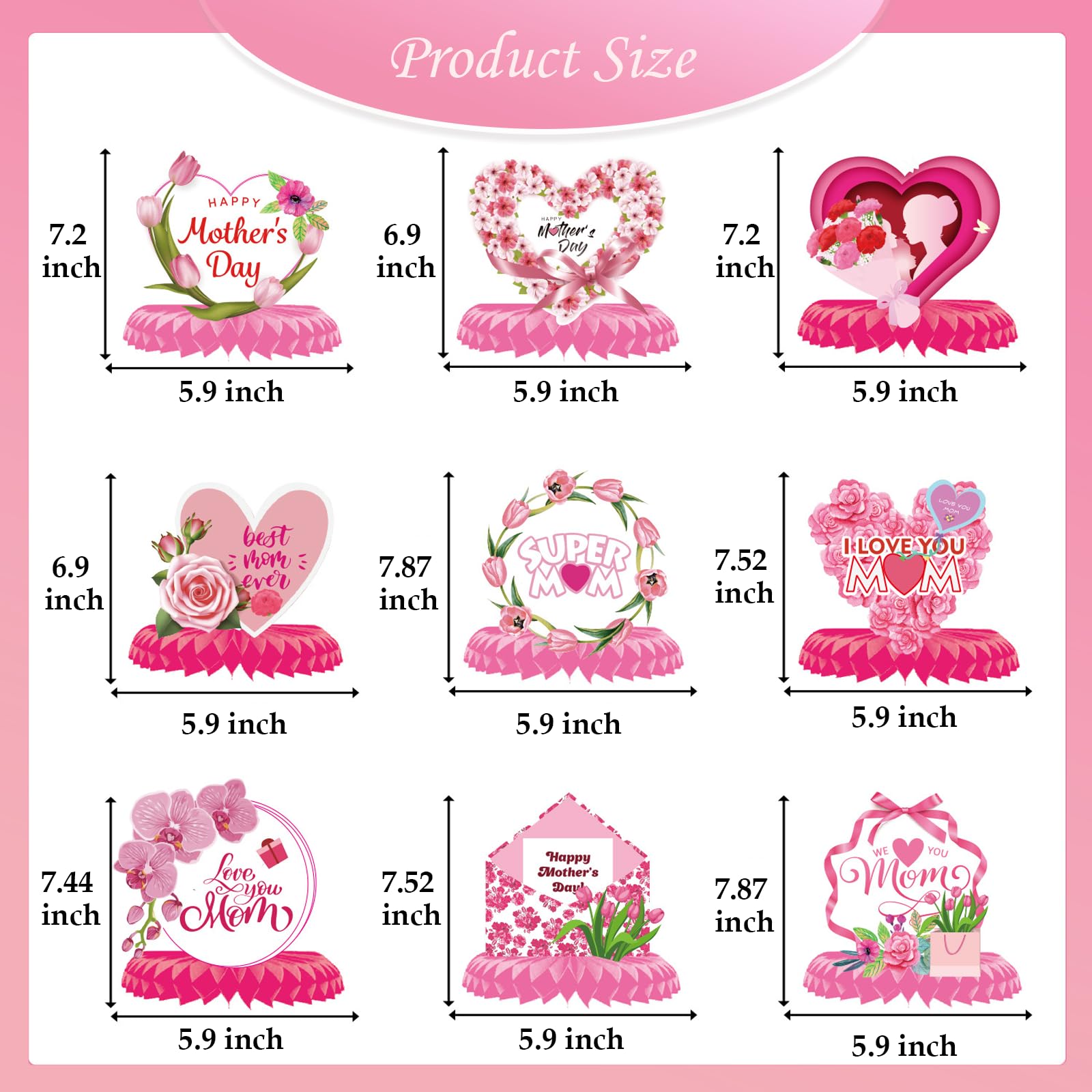 9 Pcs Floral Mother Birthday Table Centerpieces Pink, Floral Mother Party Table Decorations for Party, Best Mom Ever Honeycomb Party Supplies Kit
