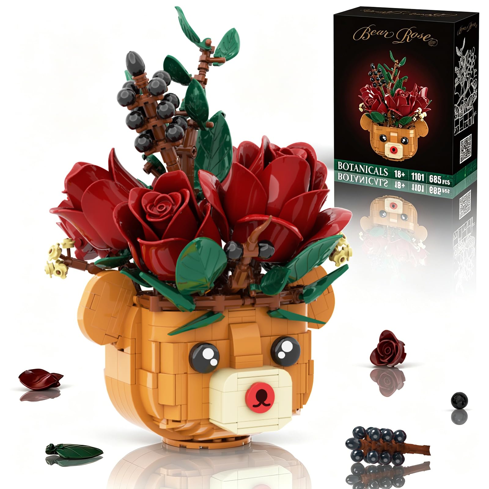 Rose Flower Bouquet Building Set with Bear Pot, Artificial Botanical Building Blocks Kit Compatible with Lego, Home Office Table Decoration, Romantic