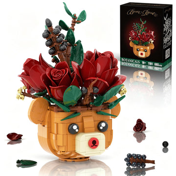 Rose Flower Bouquet Building Set with Bear Pot, Artificial Botanical Building Blocks Kit Compatible with Lego, Home Office Table Decoration, Romantic