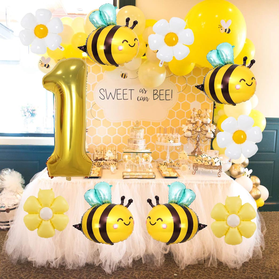 DANIUBE 9PCS Bee Balloons, Bee, White and Yellow Daisy Flower, Number 1 Foil Balloons for Baby Shower, 1st Birthday Party Decorations Supplies.