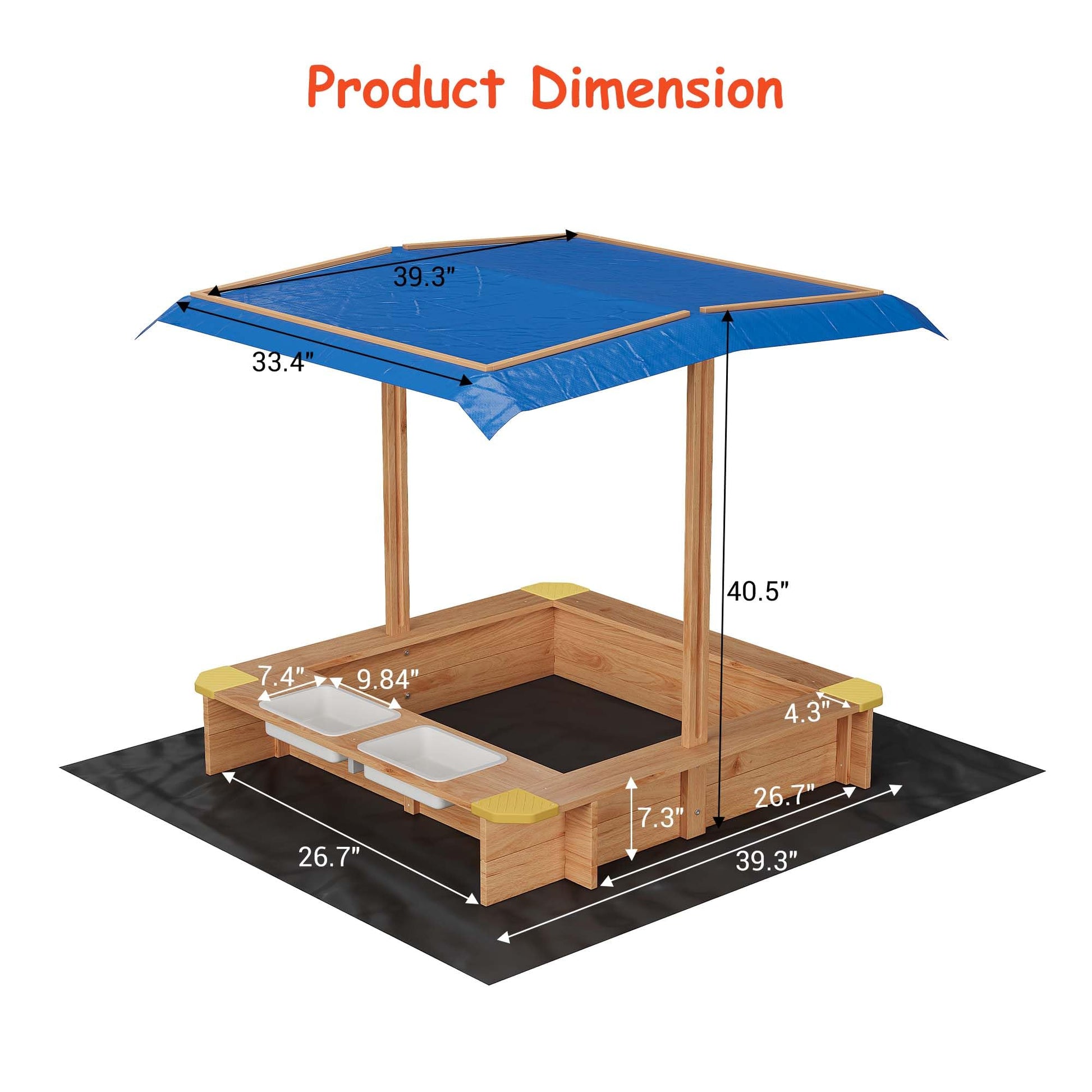 Wooden Sandbox with 2 Plastic Boxes, Outdoor Sand Box with Adjustable Canopy, Bottom Liner, Anti-Collision Design for Ages 3-8, Spacious Kids Sand Pit