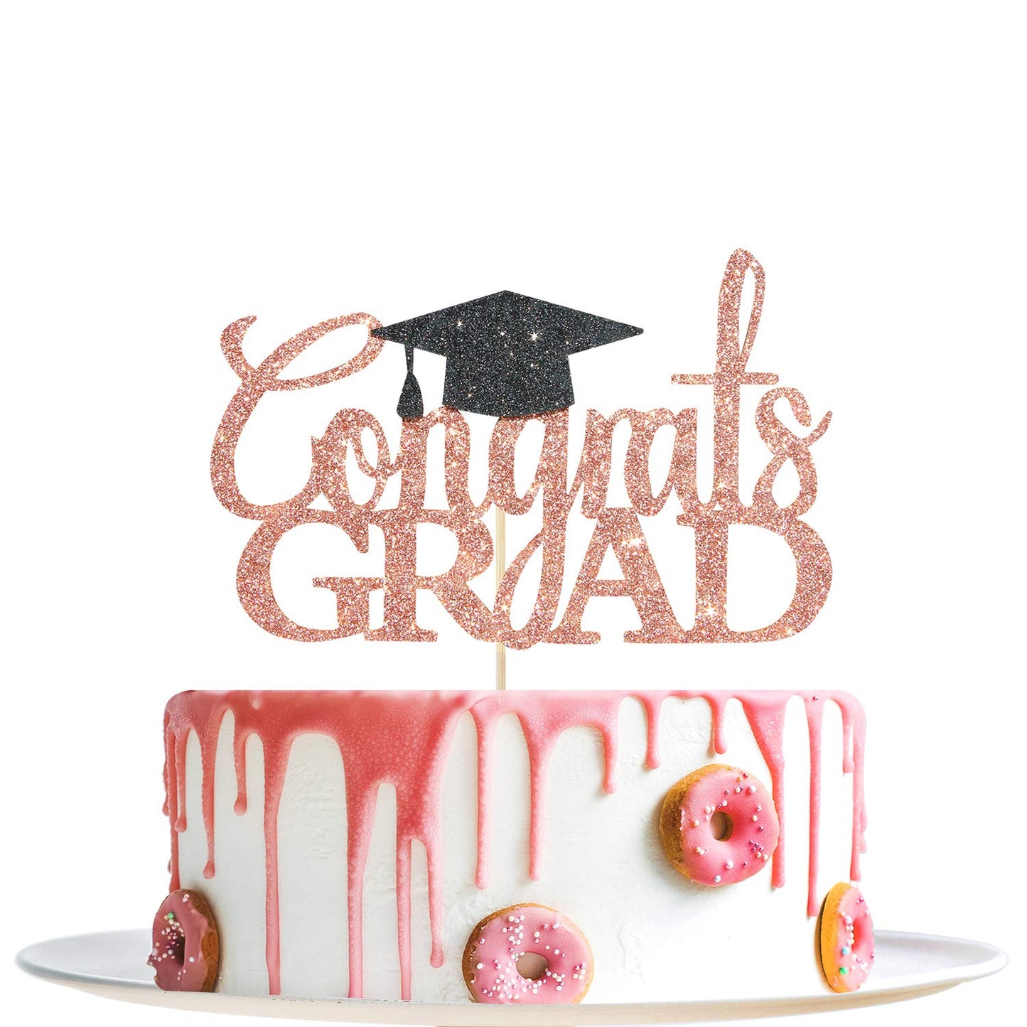 Rose Gold Glitter Congrats Grad Cake Topper - 2026 Graduation Decorations - High School Graduation, College Graduate Cake Topper