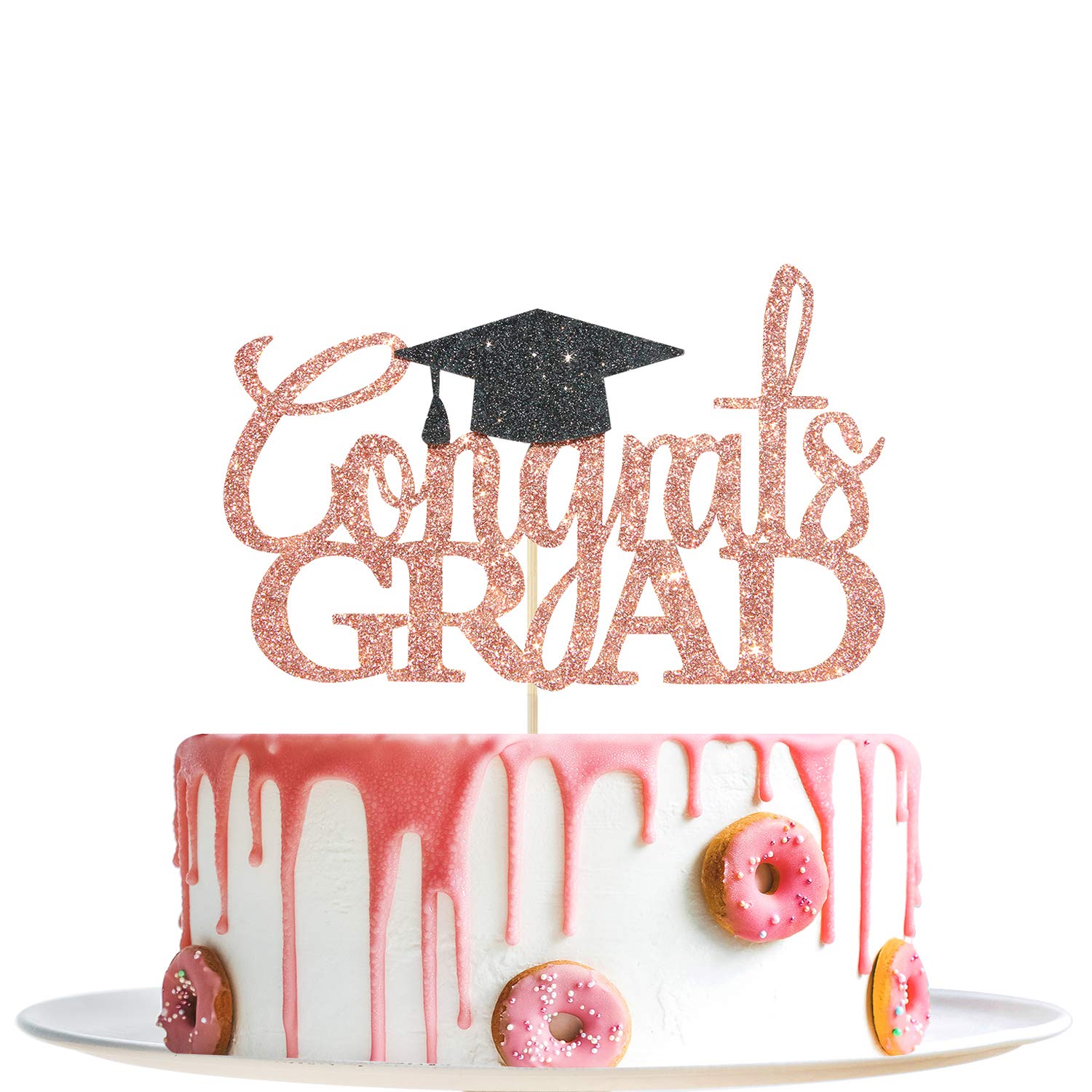 Rose Gold Glitter Congrats Grad Cake Topper - 2026 Graduation Decorations - High School Graduation, College Graduate Cake Topper