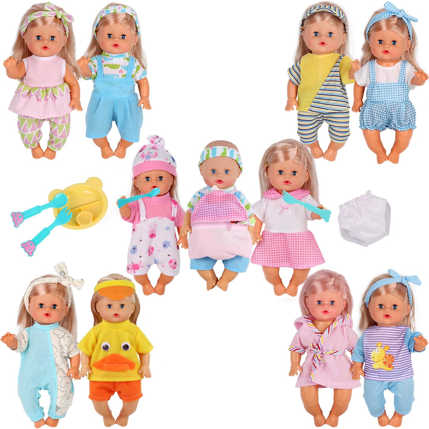 10 Sets for 10-11-12 Inch Baby Doll Clothes Dress Newborn Baby Doll Accessories Gown Costumes Outfits with Schoolbag Kitchen Toy Xmas Present