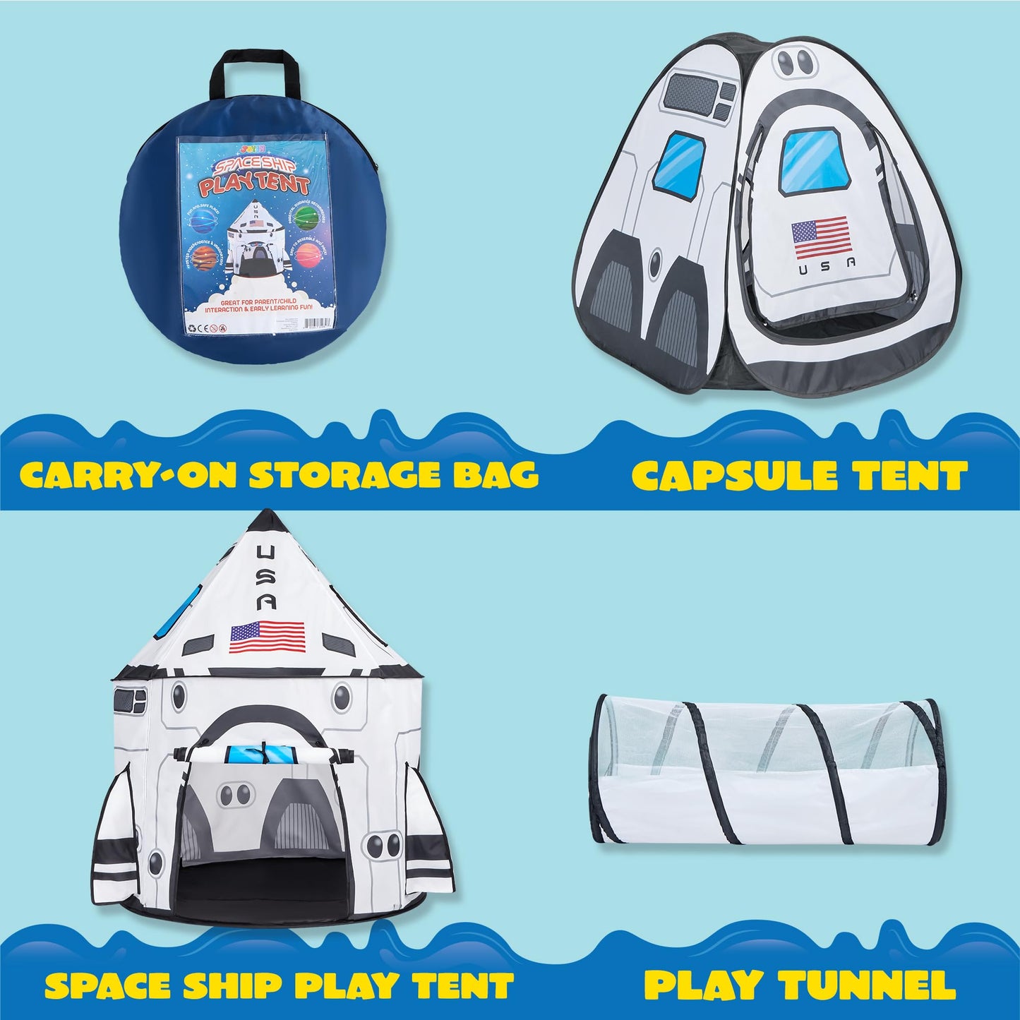 JOYIN White Rocket Ship Pop up Play Tent with Tunnel and Playhouse Kids Indoor Outdoor Spaceship Tent Set