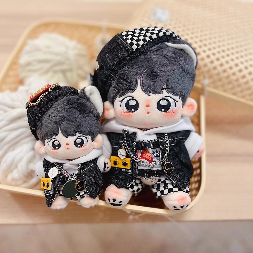 niannyyhouse 20cm Plush Doll Clothes Black and White Mist Set Beret Hoodie Pants Glasses Vest Shoes Soft Stuffed Plush Toy Dress Up (20cm)