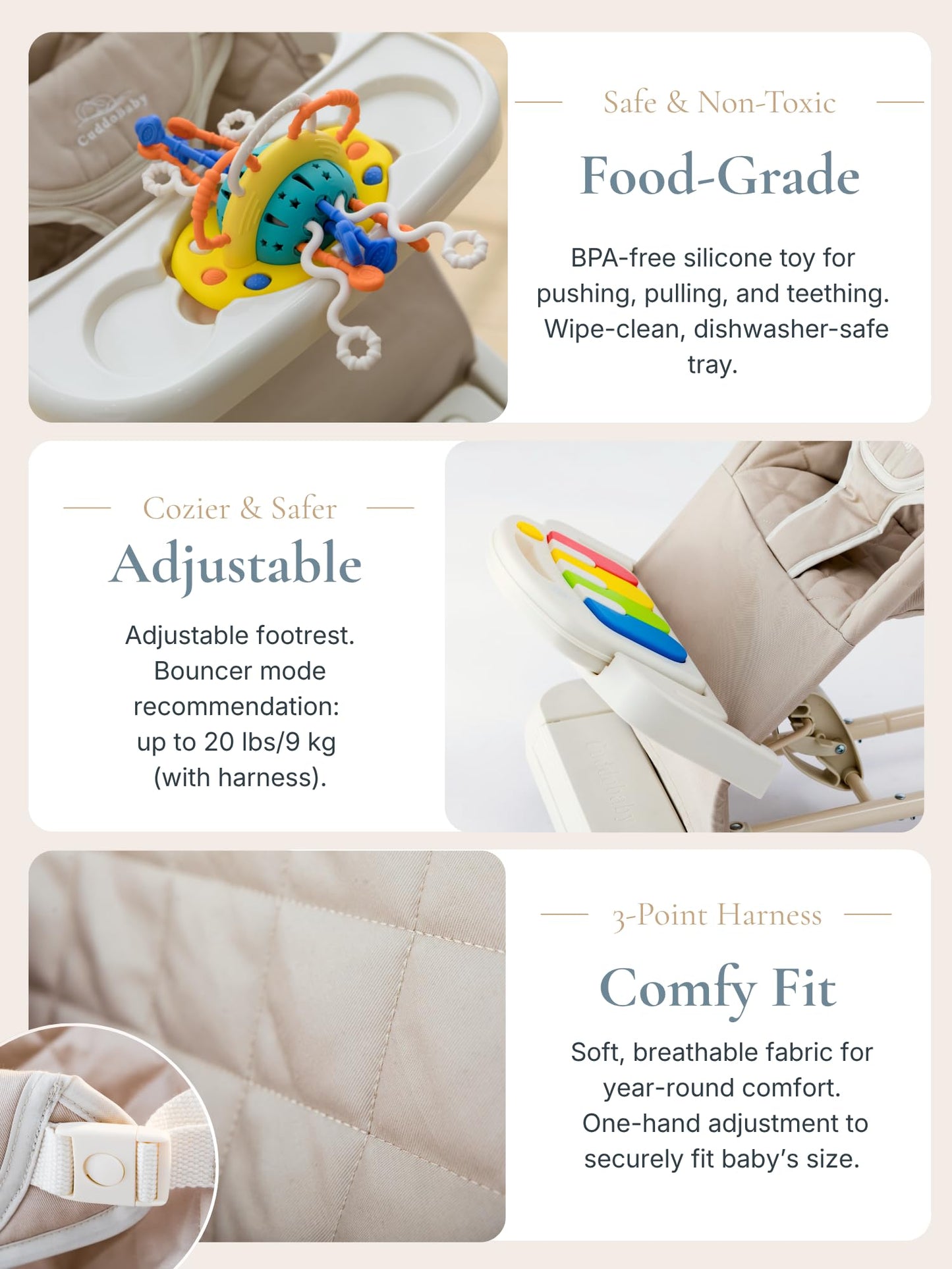 Cuddo Baby Bouncer Montessori| Sensory Toy, Piano, Tray, Rattle Socks| Khaki
